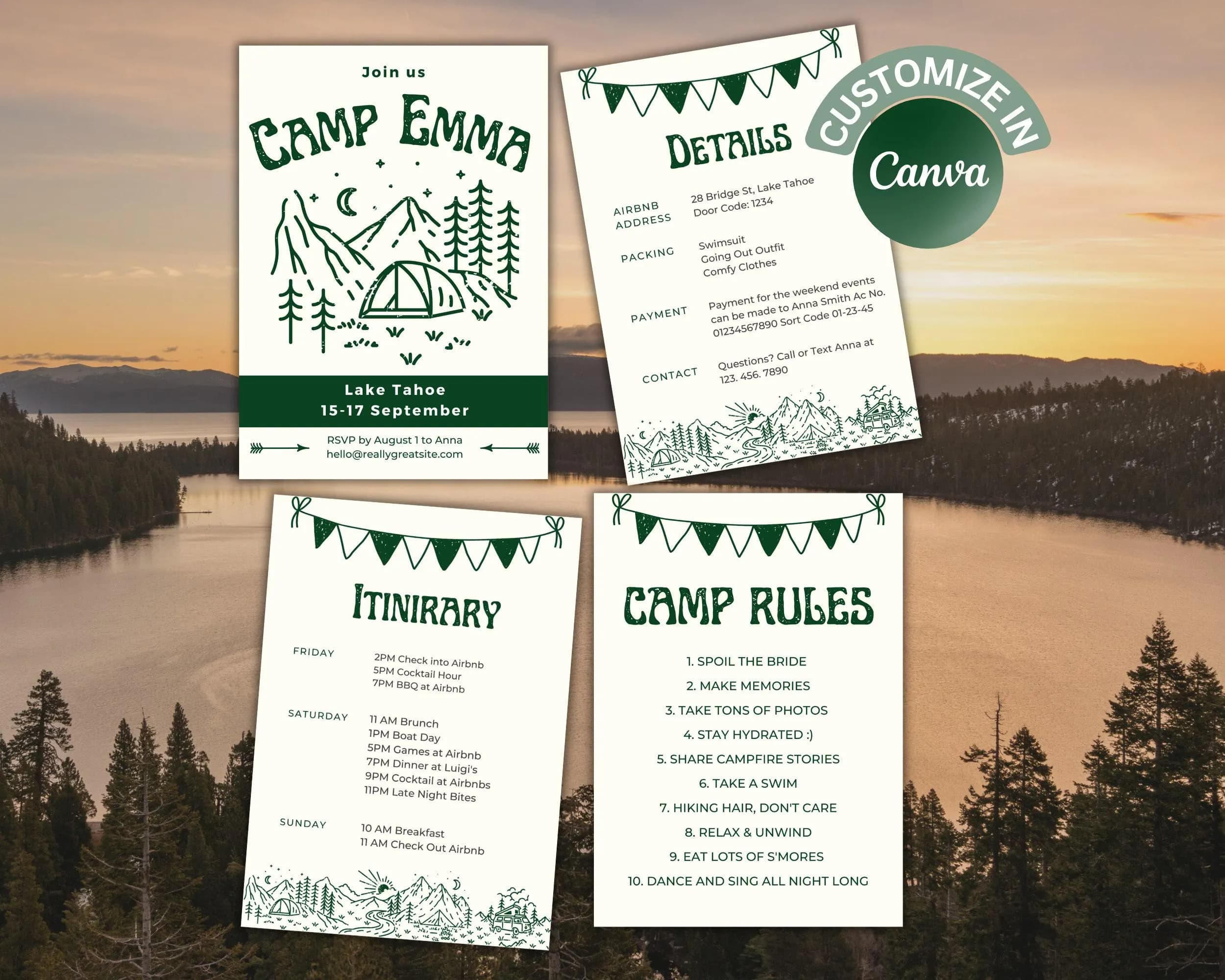 Camp Bachelorette Itinerary Template: Editable Glamping Theme (Digital Download)