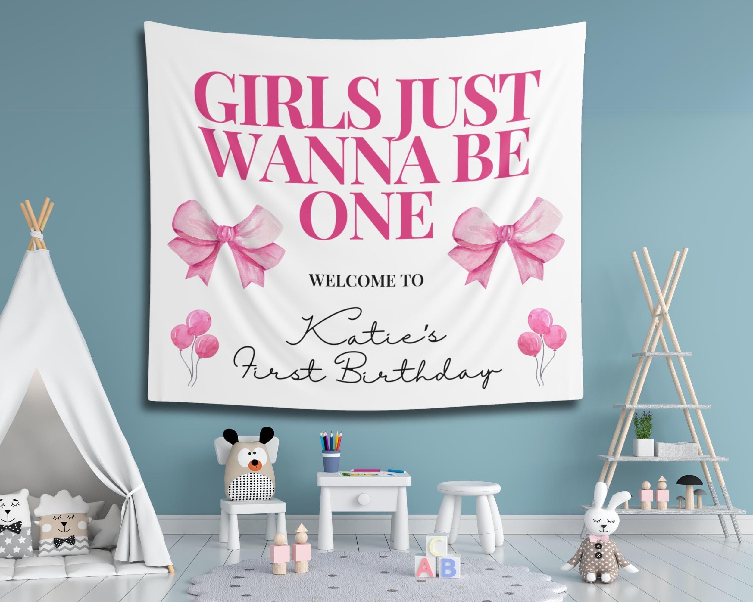 Pink Birthday Bow Banner: "Girls Just Wanna Be One" - First Birthday - image 3