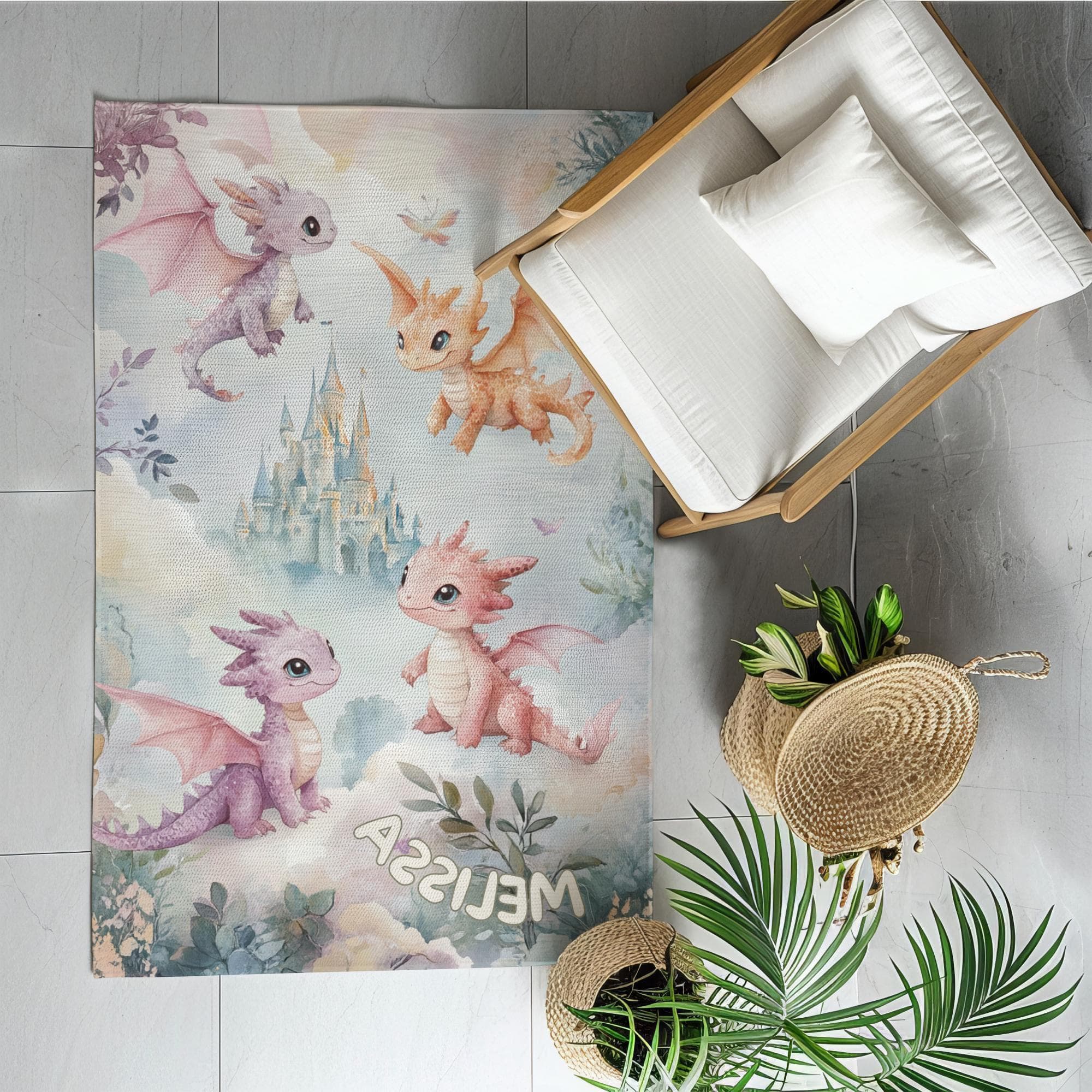 Watercolor Dragon Nursery Rug, Custom Name Baby Room Mat - image 3