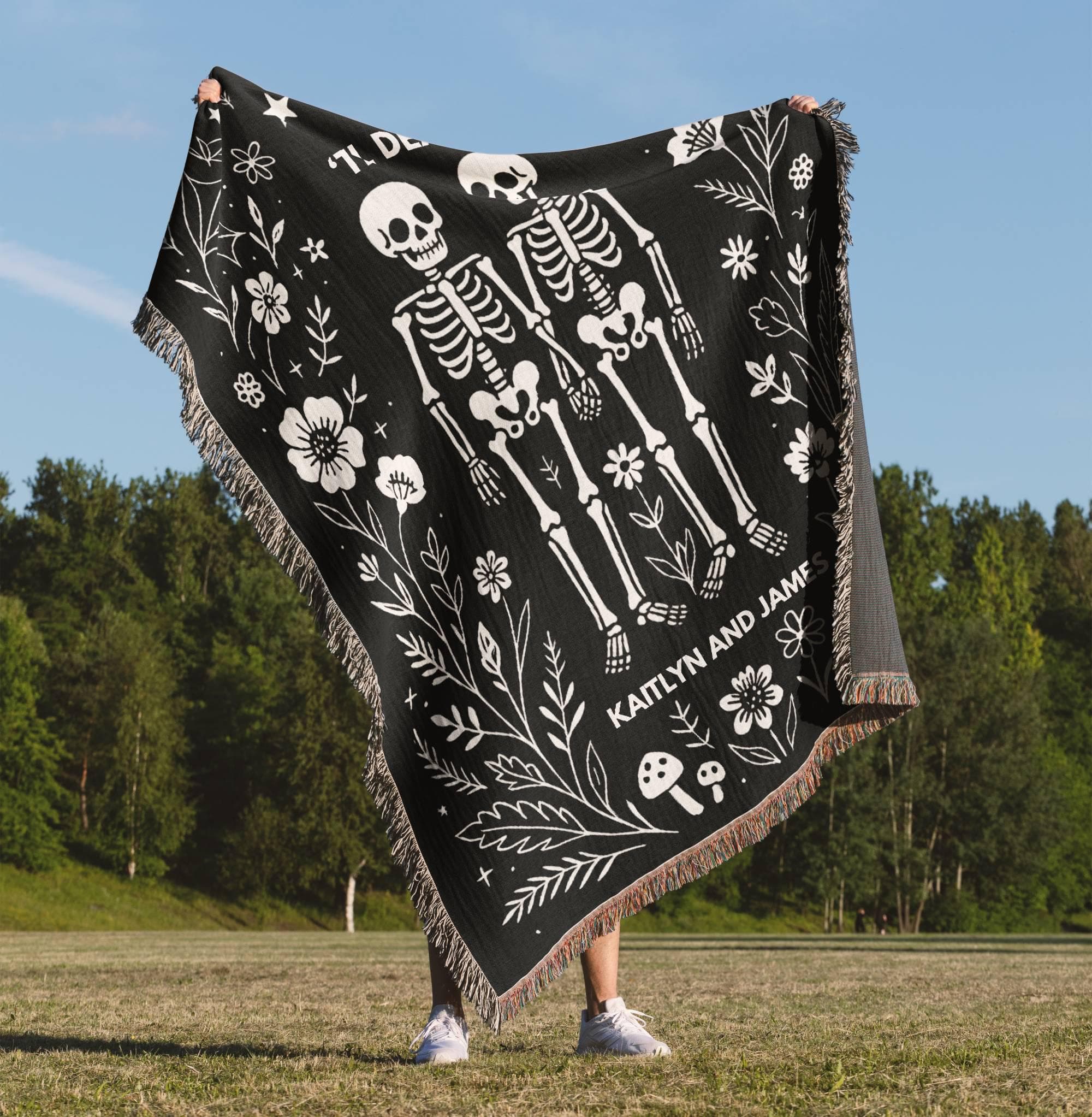 Til Death Skeleton Couple Wedding Gift, Black Friday Gift, Personalized Gothic wedding woven throw Tapestry, Custom Anniversary gift