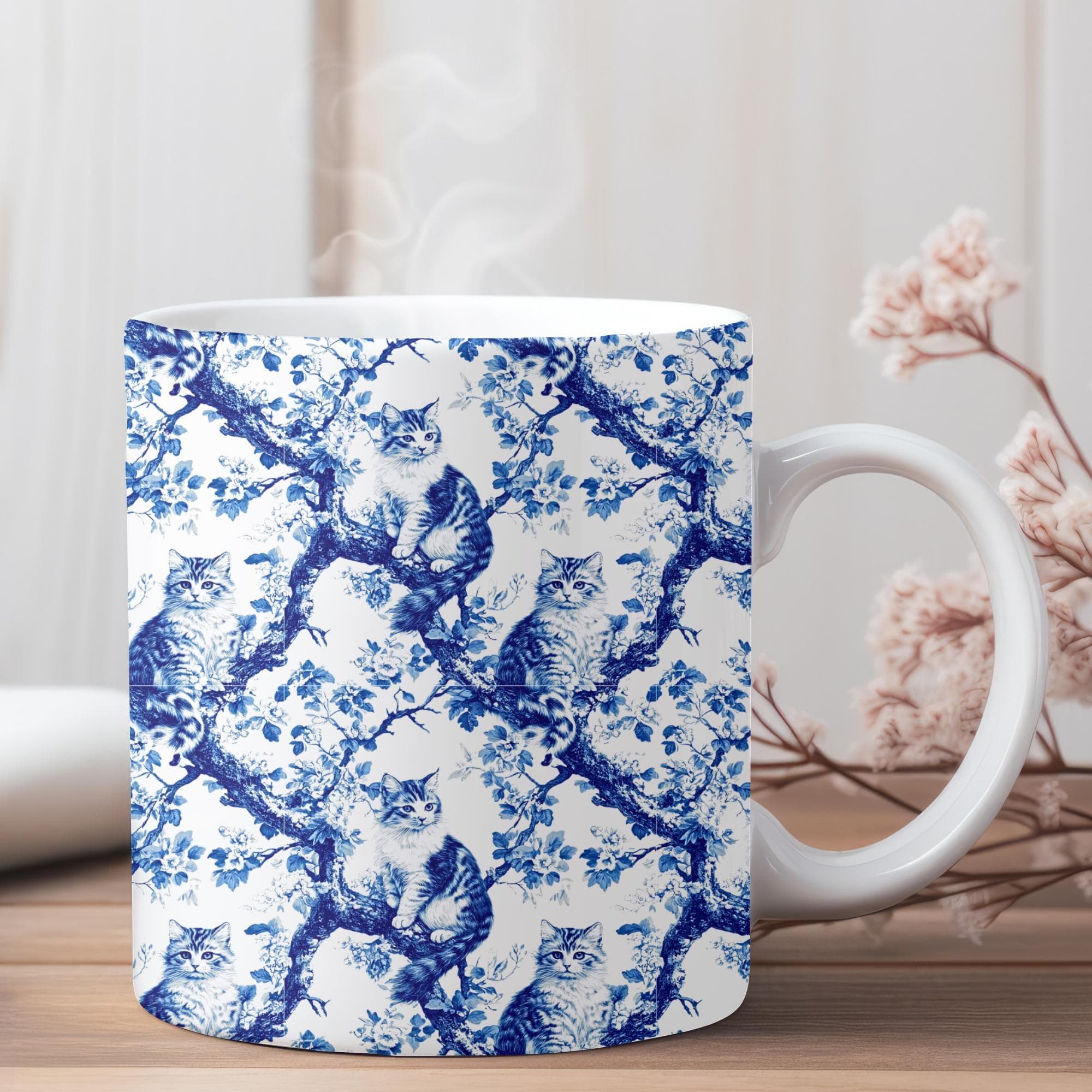 Cat Chinoiserie Mug: Blue Toile De Jouy Coffee Cup
