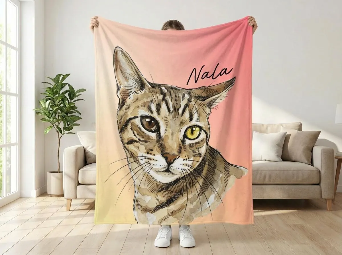 Custom Pet Memory Pet Blanket, Watercolor Dog Blanket, Ombre Velveteen Fleece Throw, Personalized Pet Name, Dog Mom Gift, Cat Lover Decor