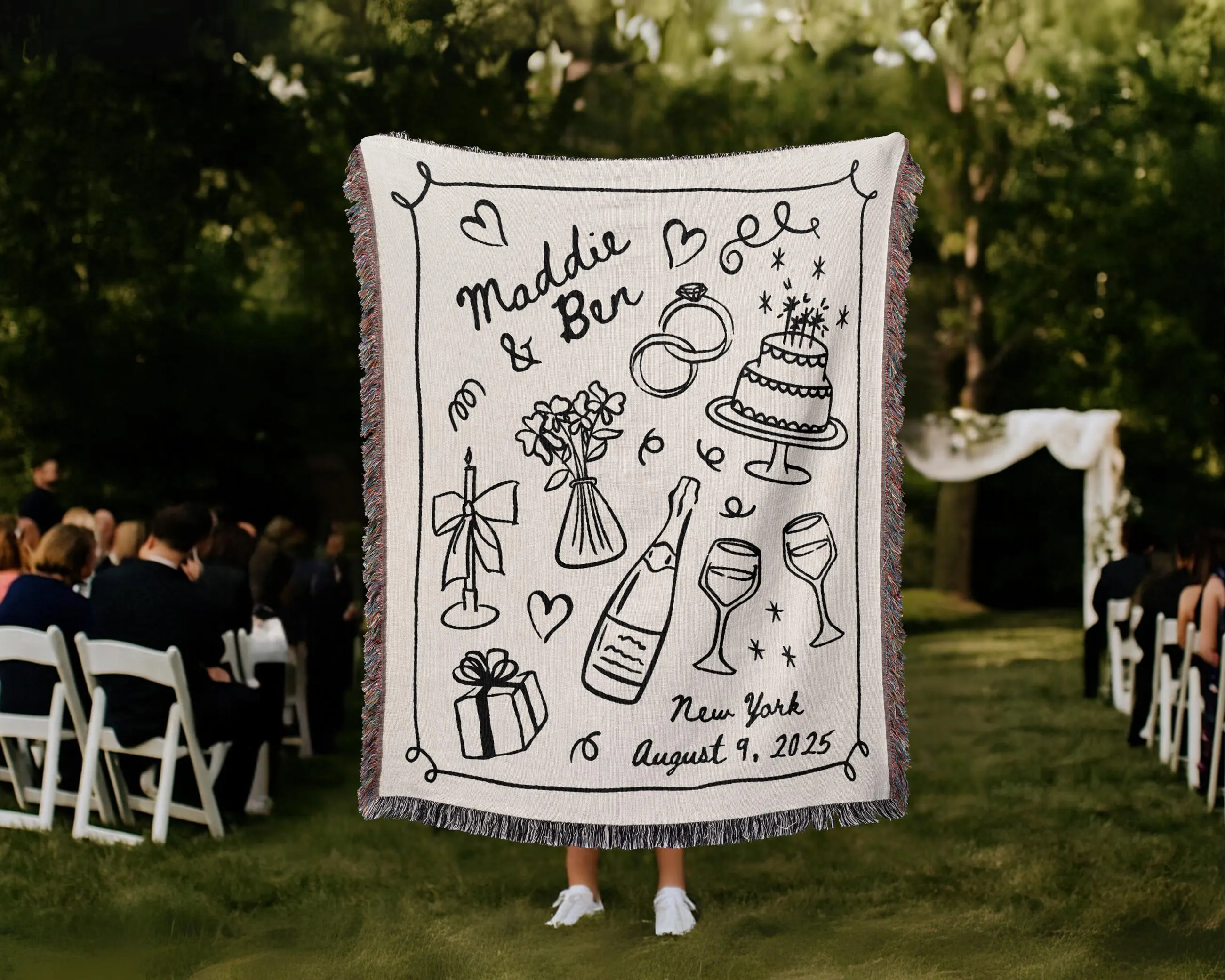 Custom Woven Wedding Blanket: Personalized Names & Date, Hand-Drawn Keepsake