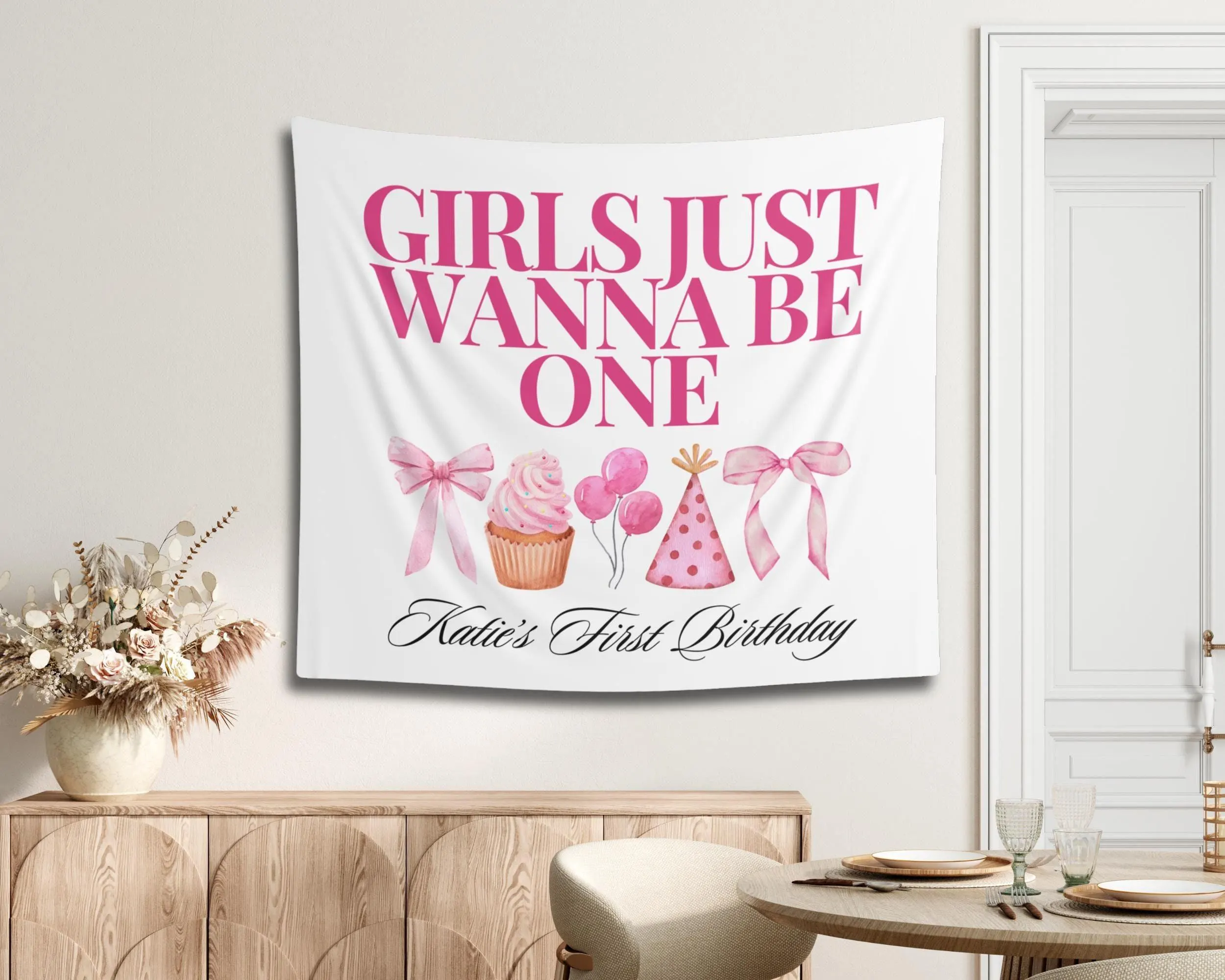 Girls Just Wanna Be One Banner: Pink First Birthday Party Decor