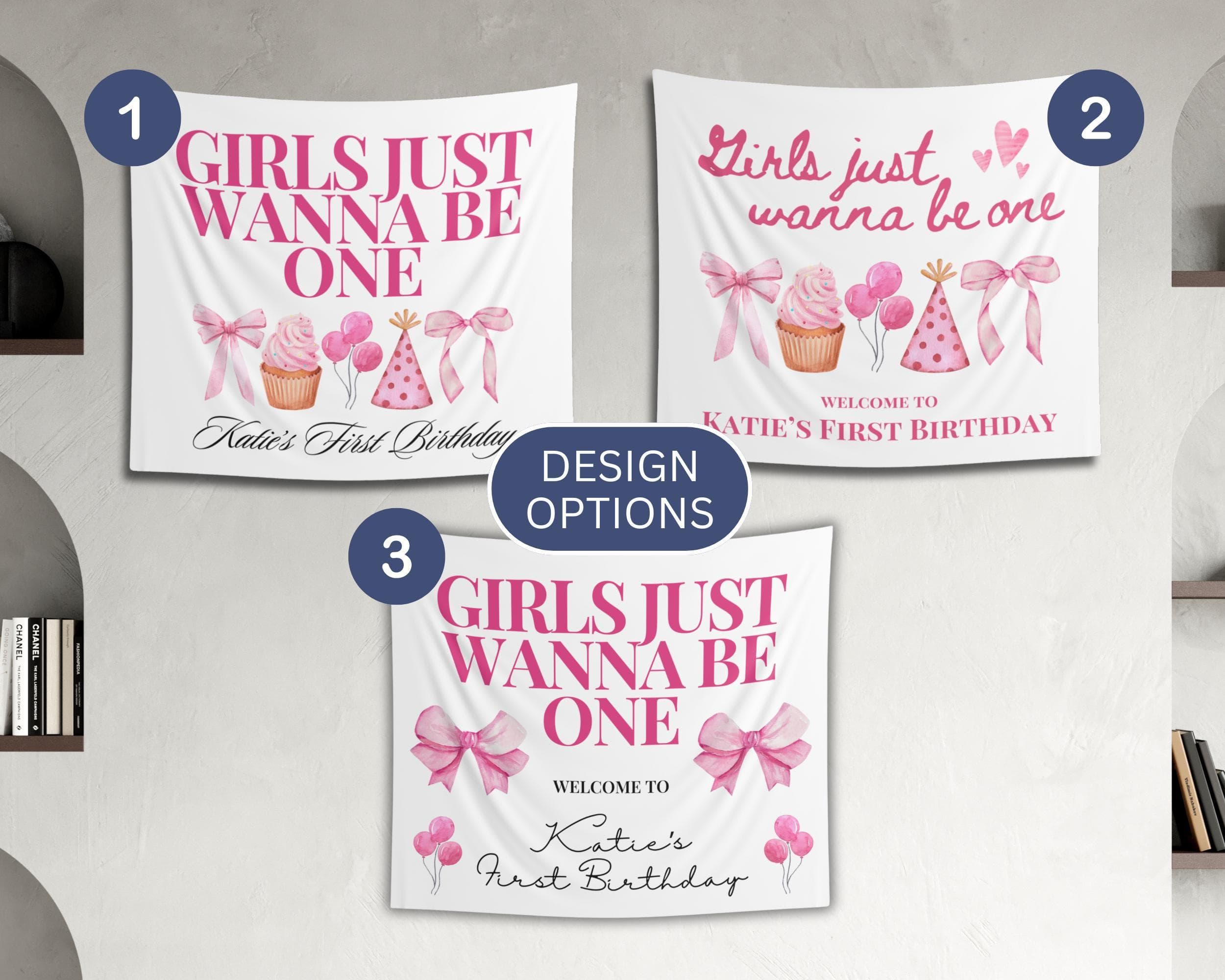 Pink Birthday Bow Banner: "Girls Just Wanna Be One" - First Birthday - image 5