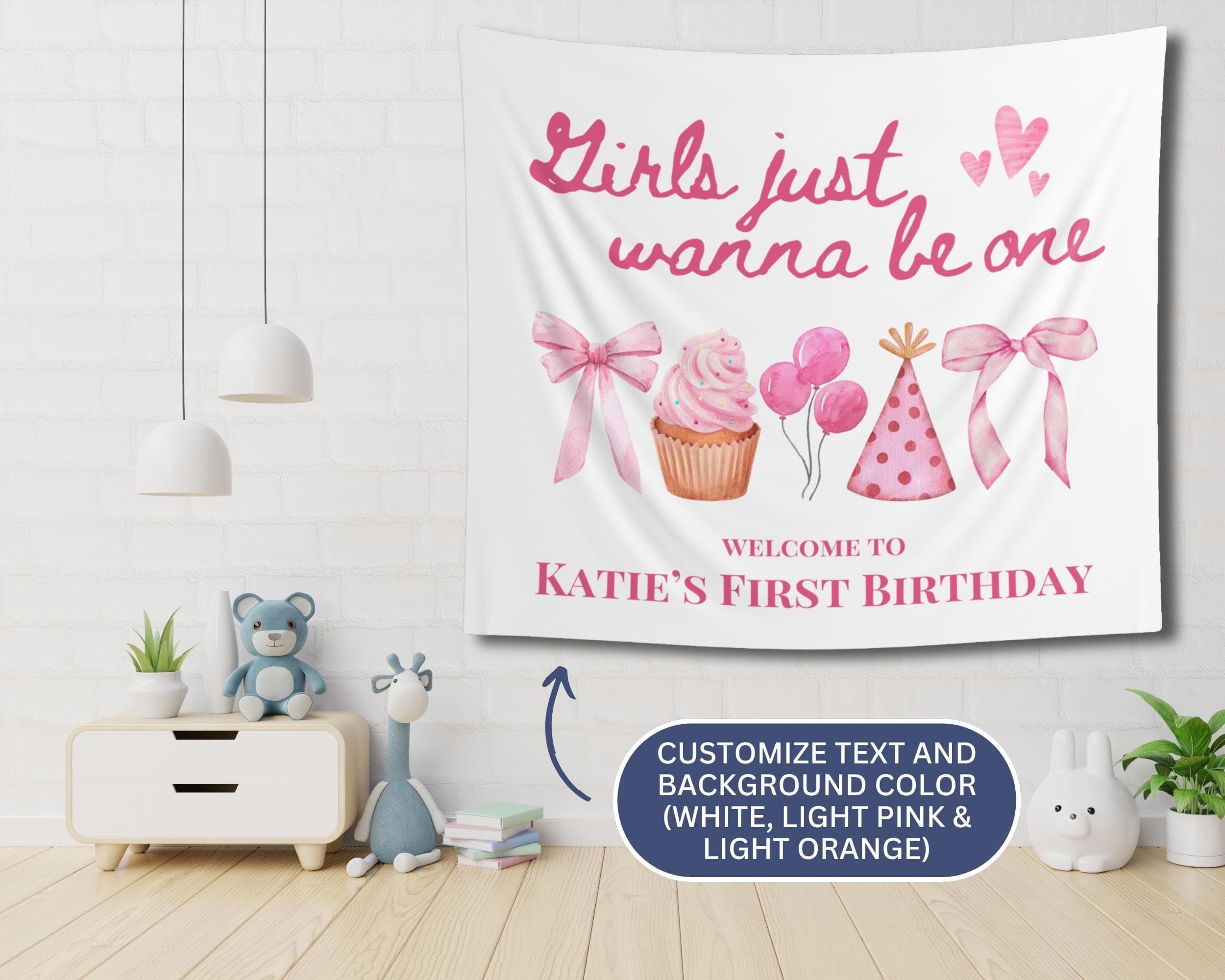 Pink Birthday Bow Banner: "Girls Just Wanna Be One" - First Birthday - image 4