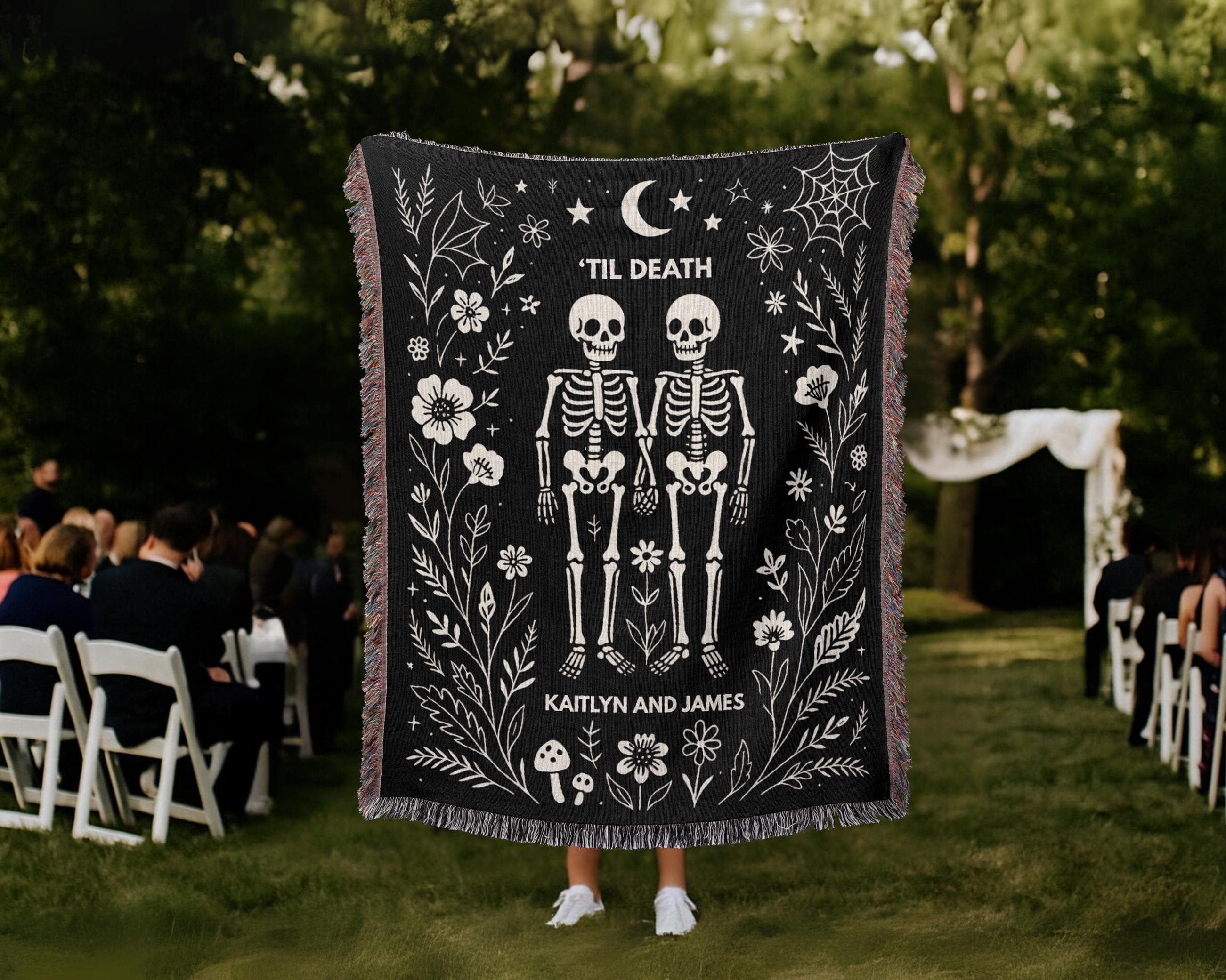 Til Death Skeleton Couple Wedding Gift, Black Friday Gift, Personalized Gothic wedding woven throw Tapestry, Custom Anniversary gift - image 3
