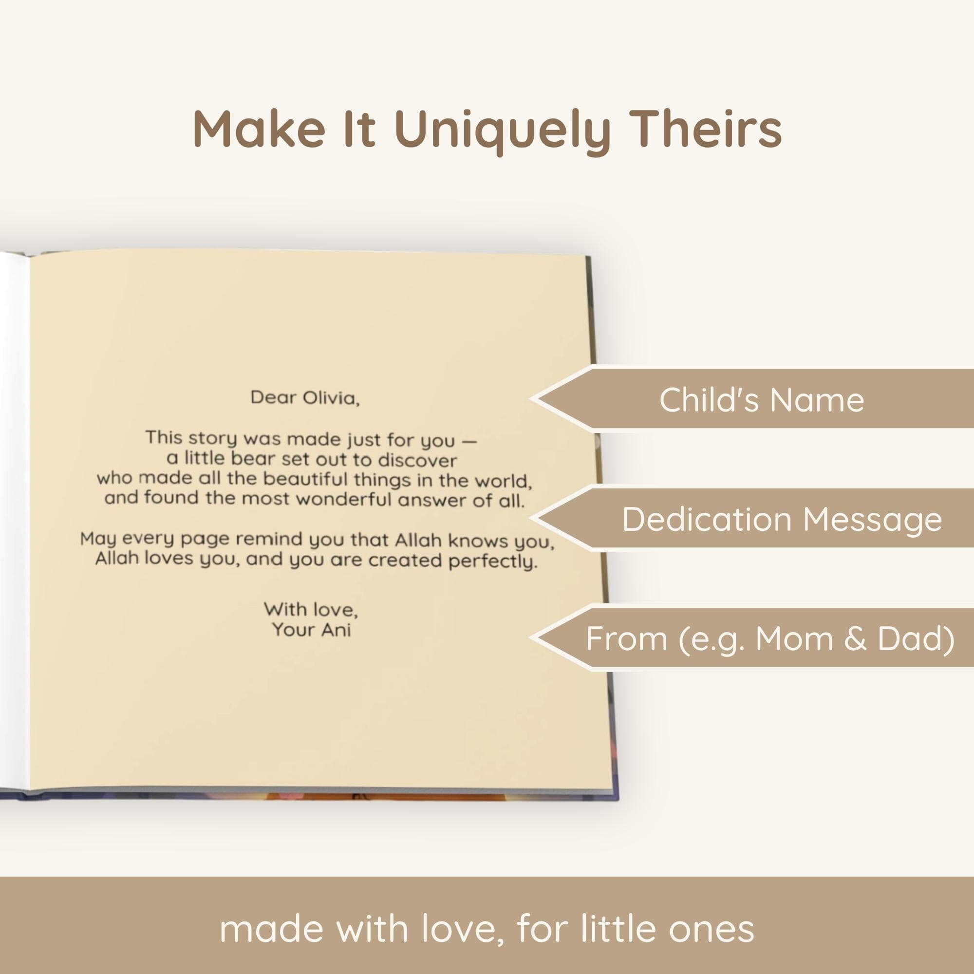 Cream personalization layout showing fields for child's name, dedication, and from name, sample text in warm tones for a personalized Islamic baby book.