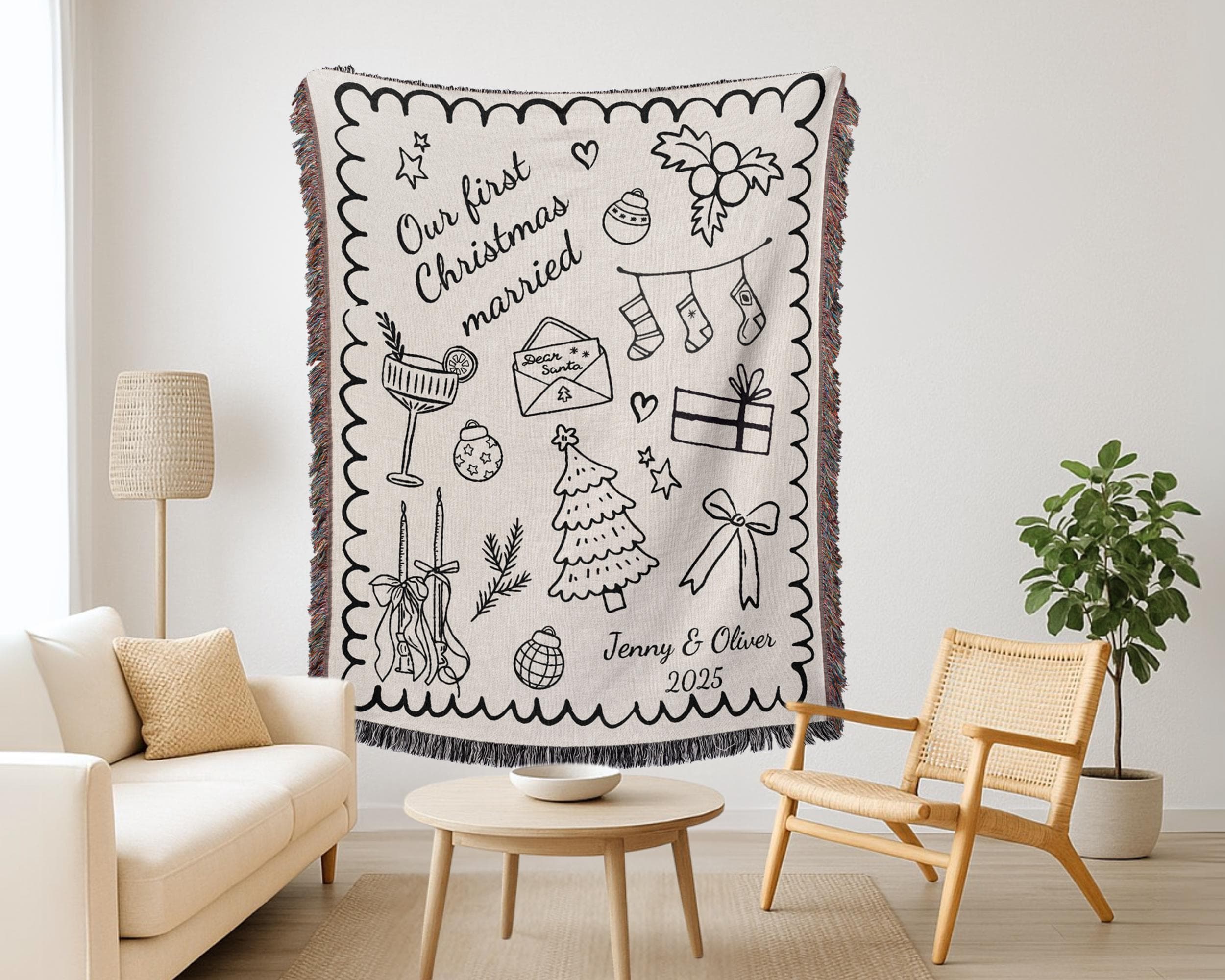 Personalized First Christmas Married Blanket: Woven Cotton Mr & Mrs Gift