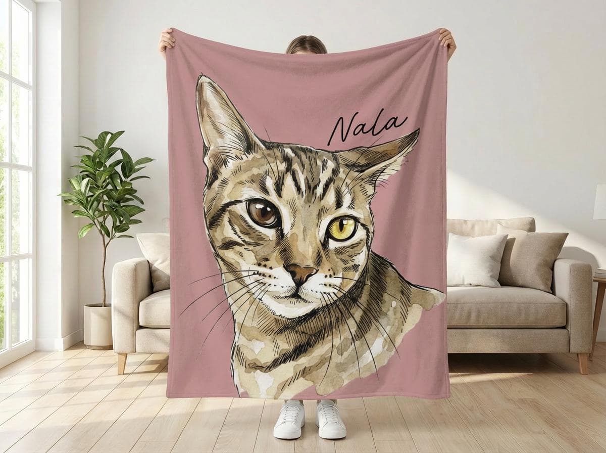 Pet Memory Gift Blanket, Custom Cat Portrait Keepsake, Watercolor Photo Cat Portrait, Dog Memorial Gifts, Pets Portrait Throw Blankets Gift