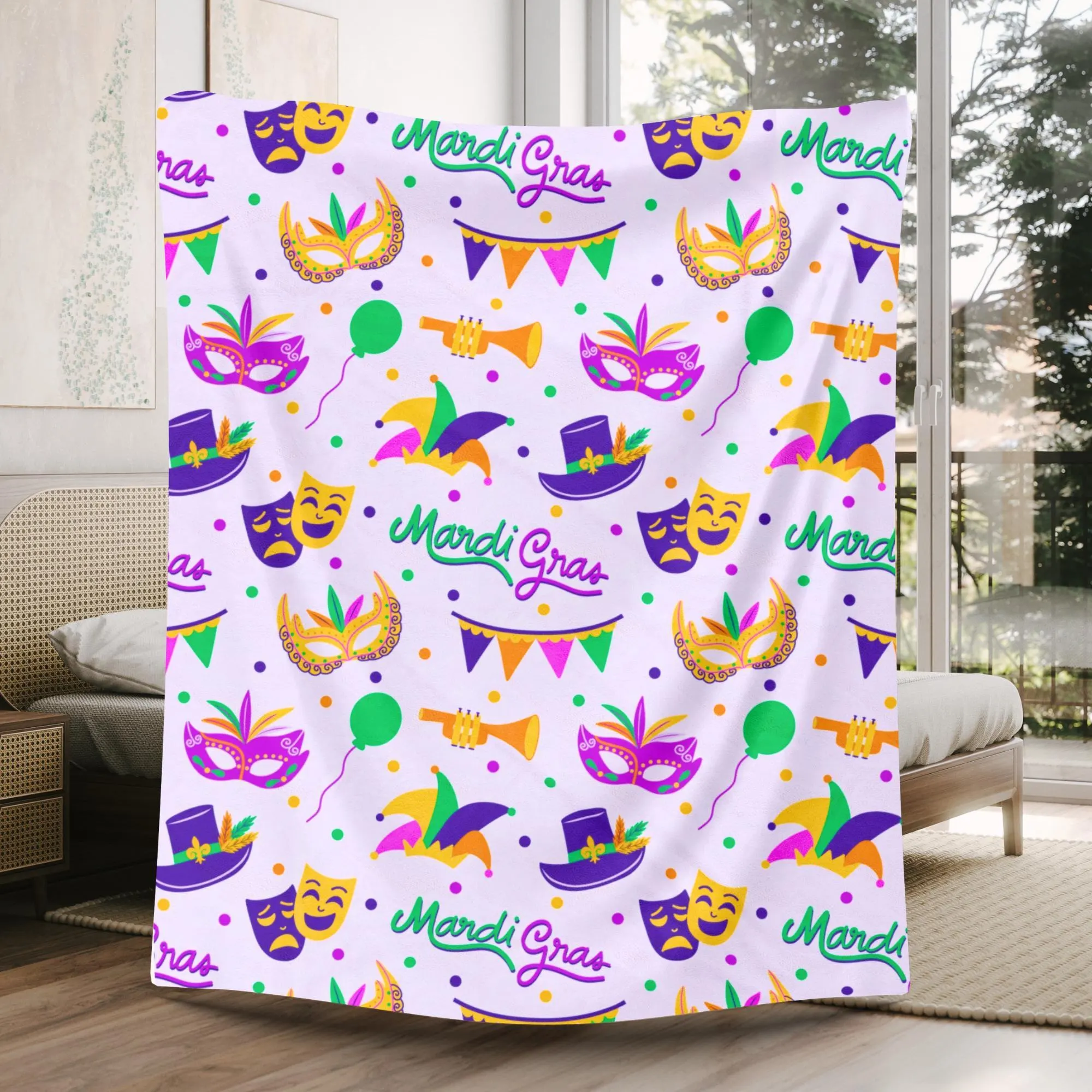 Mardi Gras Velveteen Throw Blanket: New Orleans Purple Green Yellow Decor