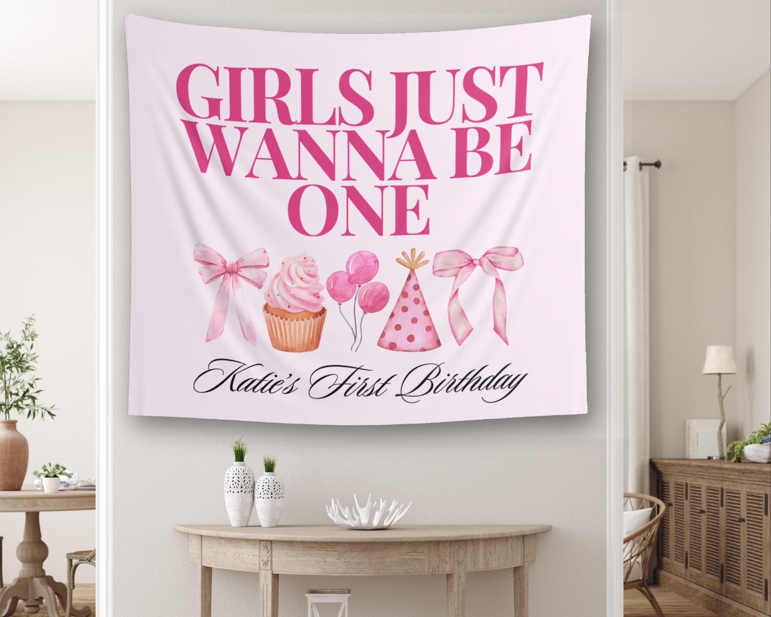 Girls Just Wanna Be One Banner: Pink First Birthday Party Decor - image 4