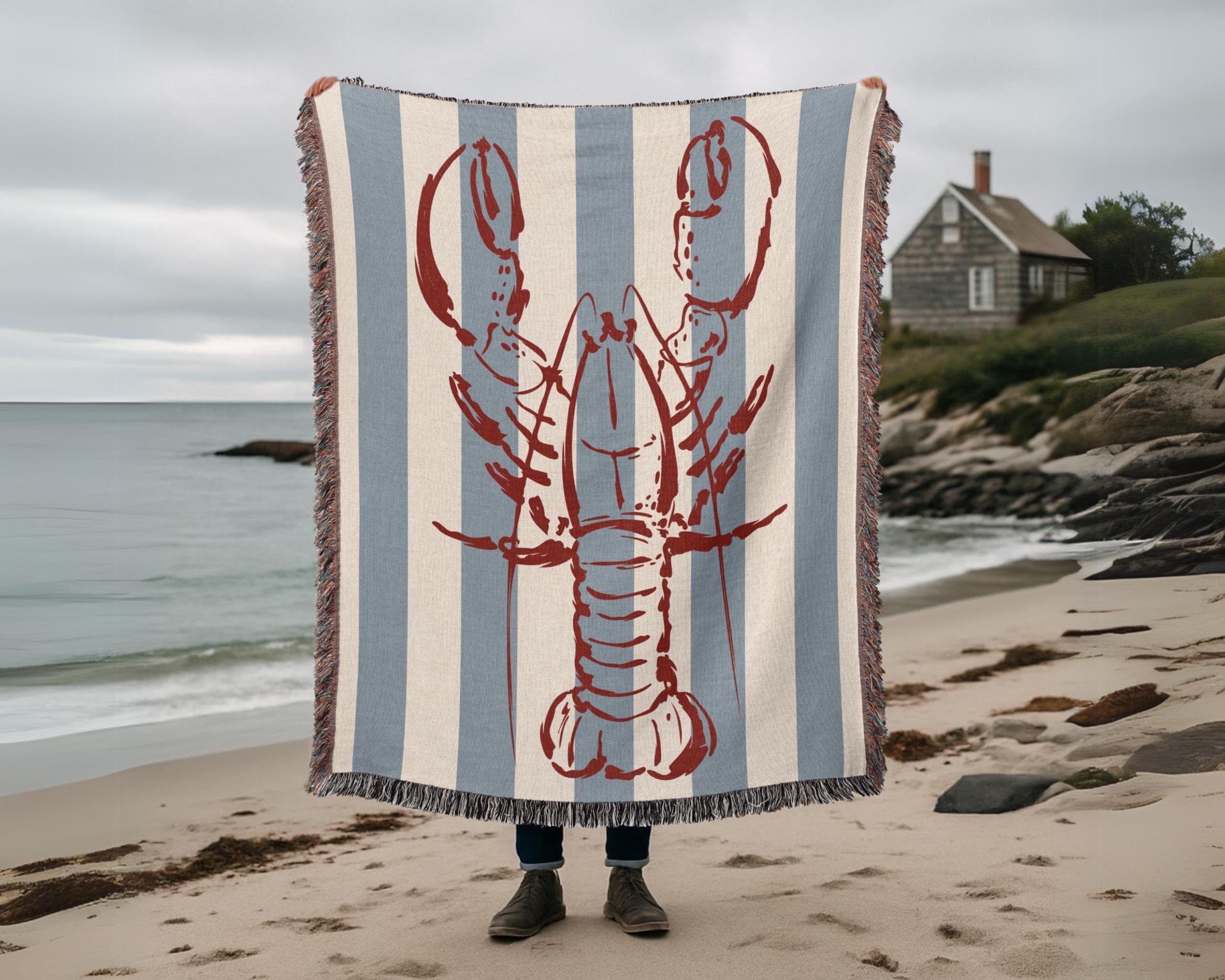 Lobster Throw Blanket: Nautical Coastal Decor with Blue Stripes - image 3