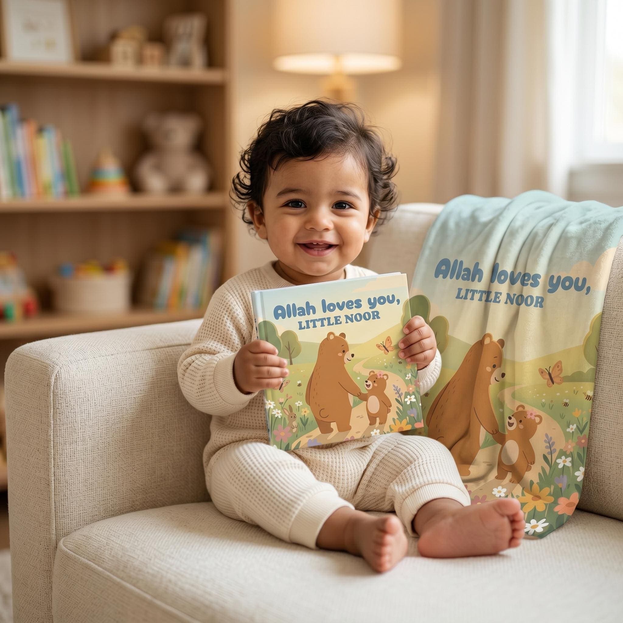 Personalized Muslim Baby Book and Blanket Bundle, Aqiqah gift for toddler, Custom Children's Islam Picture Book, Allah loves you