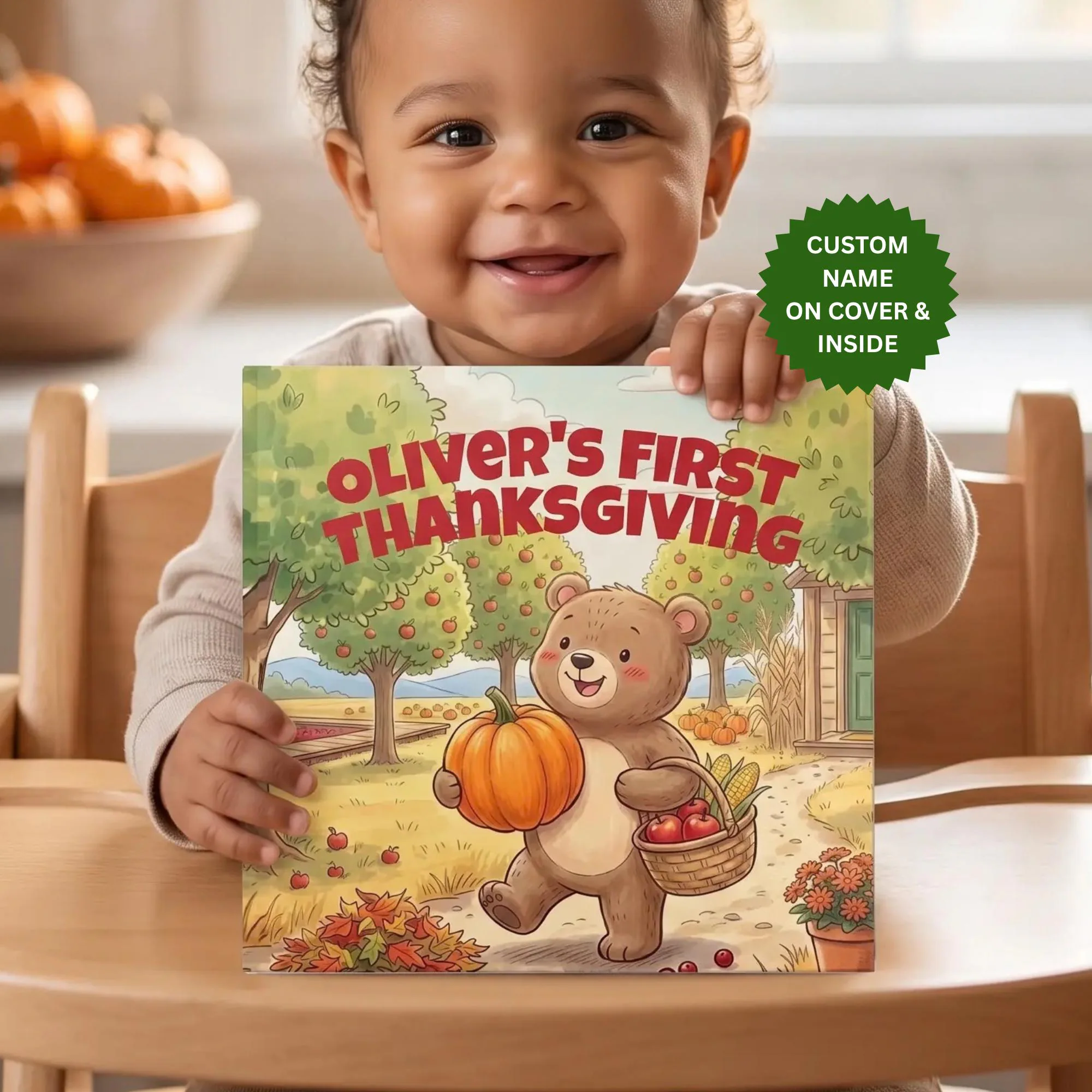 My First Thanksgiving Personalized Storybook, Custom Baby Name, Harvest Bear Bedtime PIcture Book for Toddler Boy