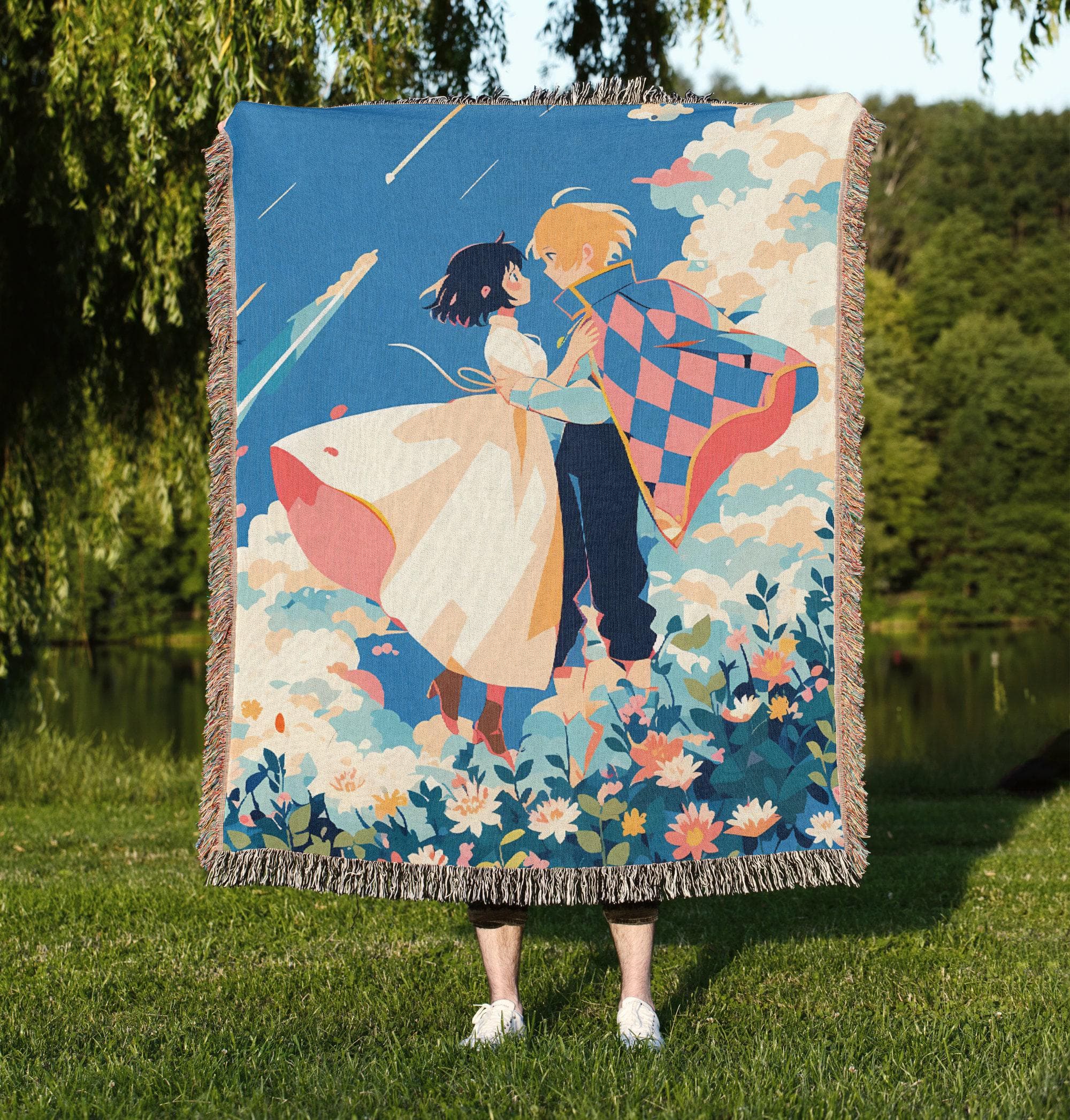 Anime-Inspired Couple Blanket – Romantic Tapestry Throw, Fantasy Decor