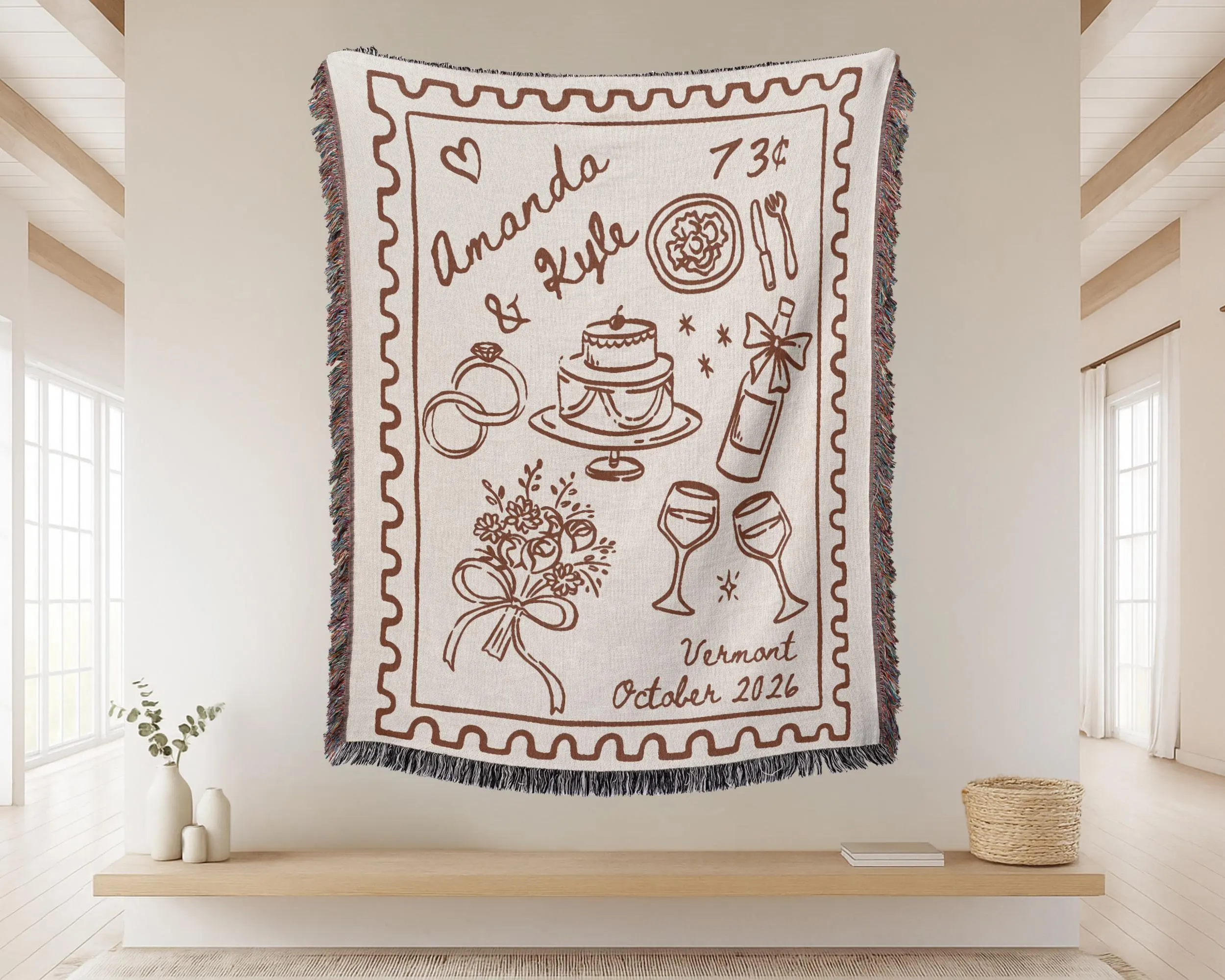 Personalized Woven Wedding Blanket: Custom Names & Date, Tapestry Style