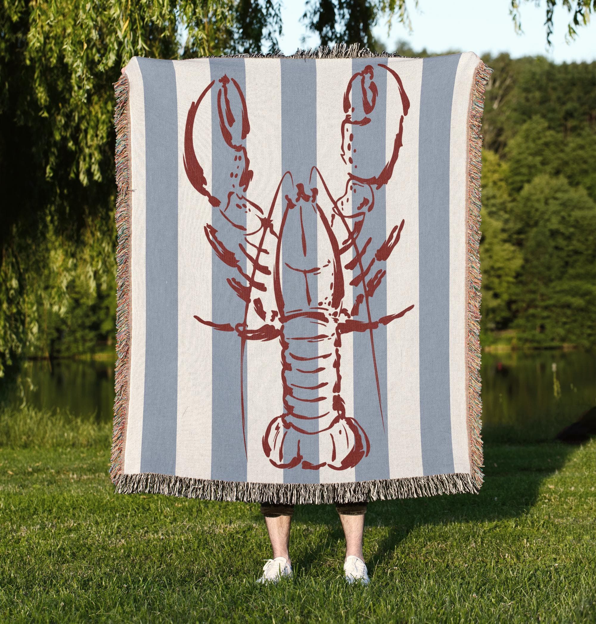 Lobster Throw Blanket: Nautical Coastal Decor with Blue Stripes - image 5