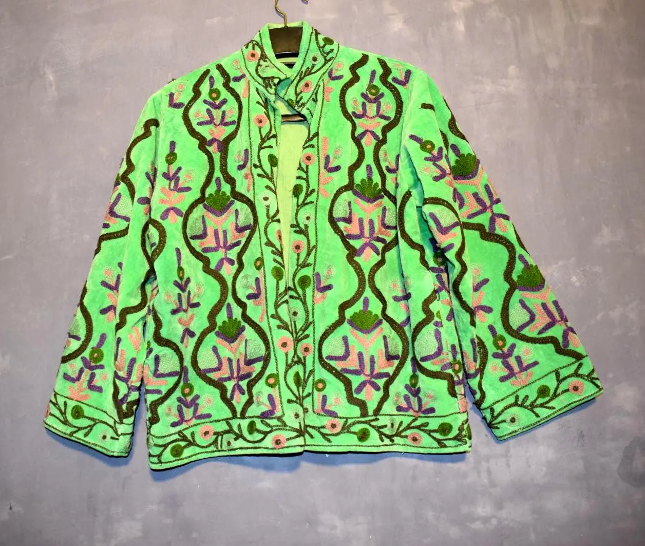 Suzani Embroidery Velvet Fabric Green Color Jacket Coat One Size Length 25 INCH