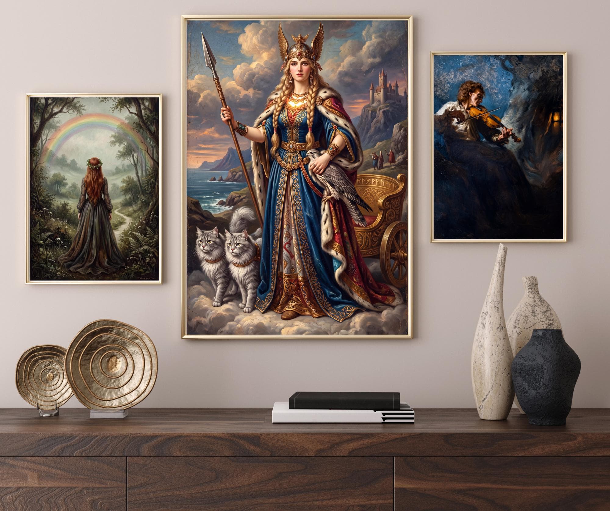 Göttin Freya Kunstdruck Celeste de la Cruz | Nordische Mythologie Wandbild Katzen Falke Wikinger Gemälde Fantasy Deko Geschenk | 0910202620 - image 5