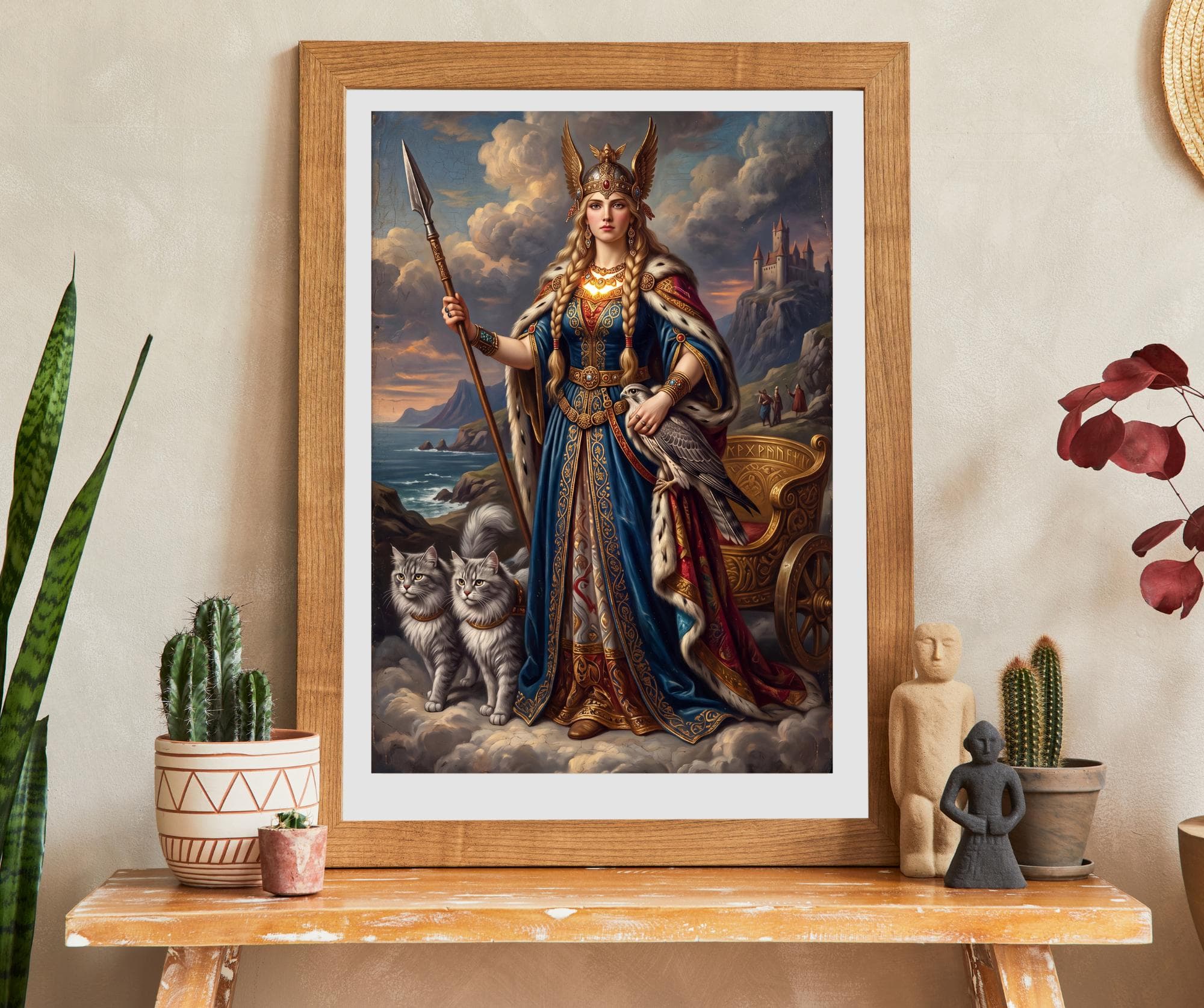Göttin Freya Kunstdruck Celeste de la Cruz | Nordische Mythologie Wandbild Katzen Falke Wikinger Gemälde Fantasy Deko Geschenk | 0910202620 - image 3
