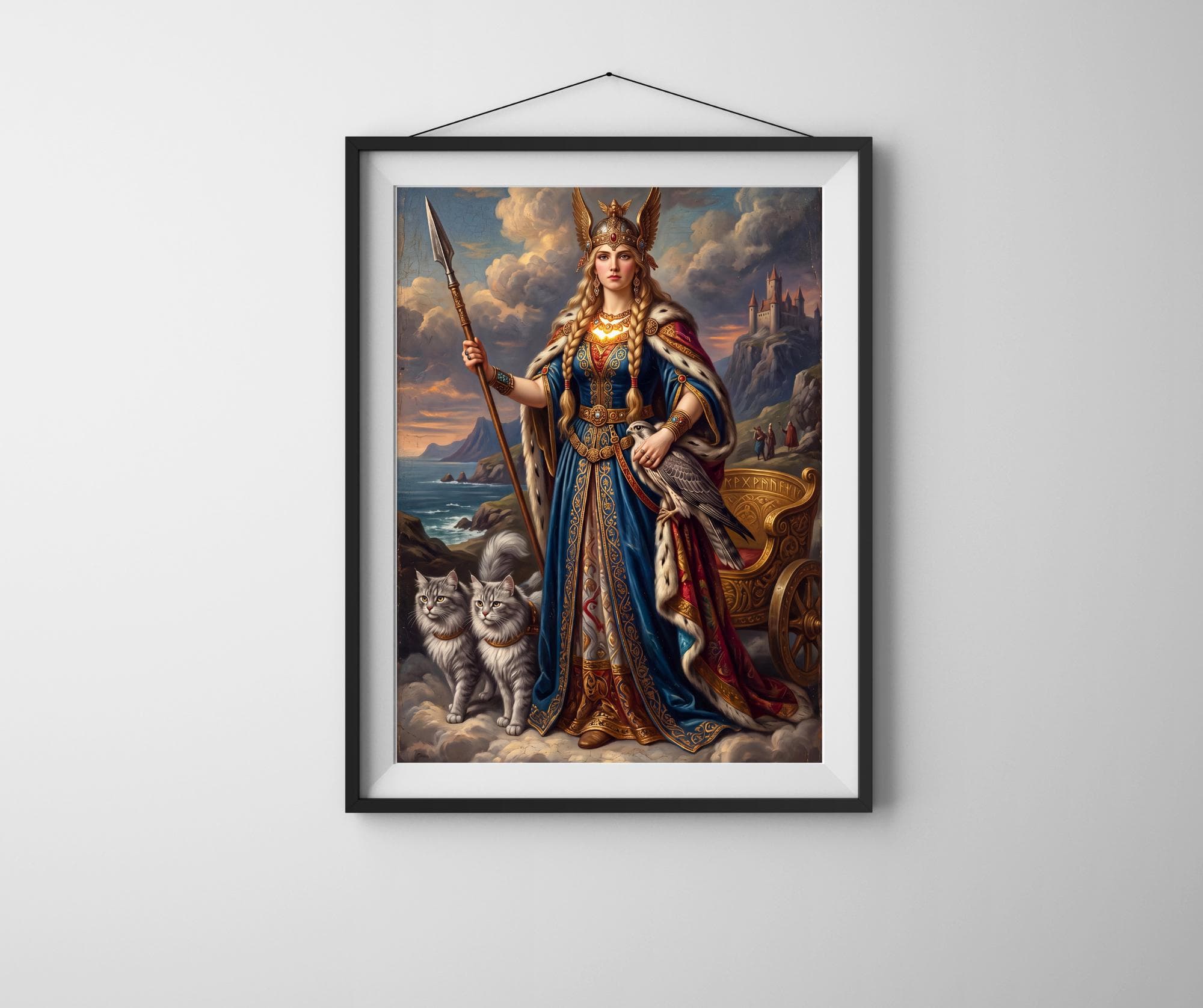 Göttin Freya Kunstdruck Celeste de la Cruz | Nordische Mythologie Wandbild Katzen Falke Wikinger Gemälde Fantasy Deko Geschenk | 0910202620 - image 2