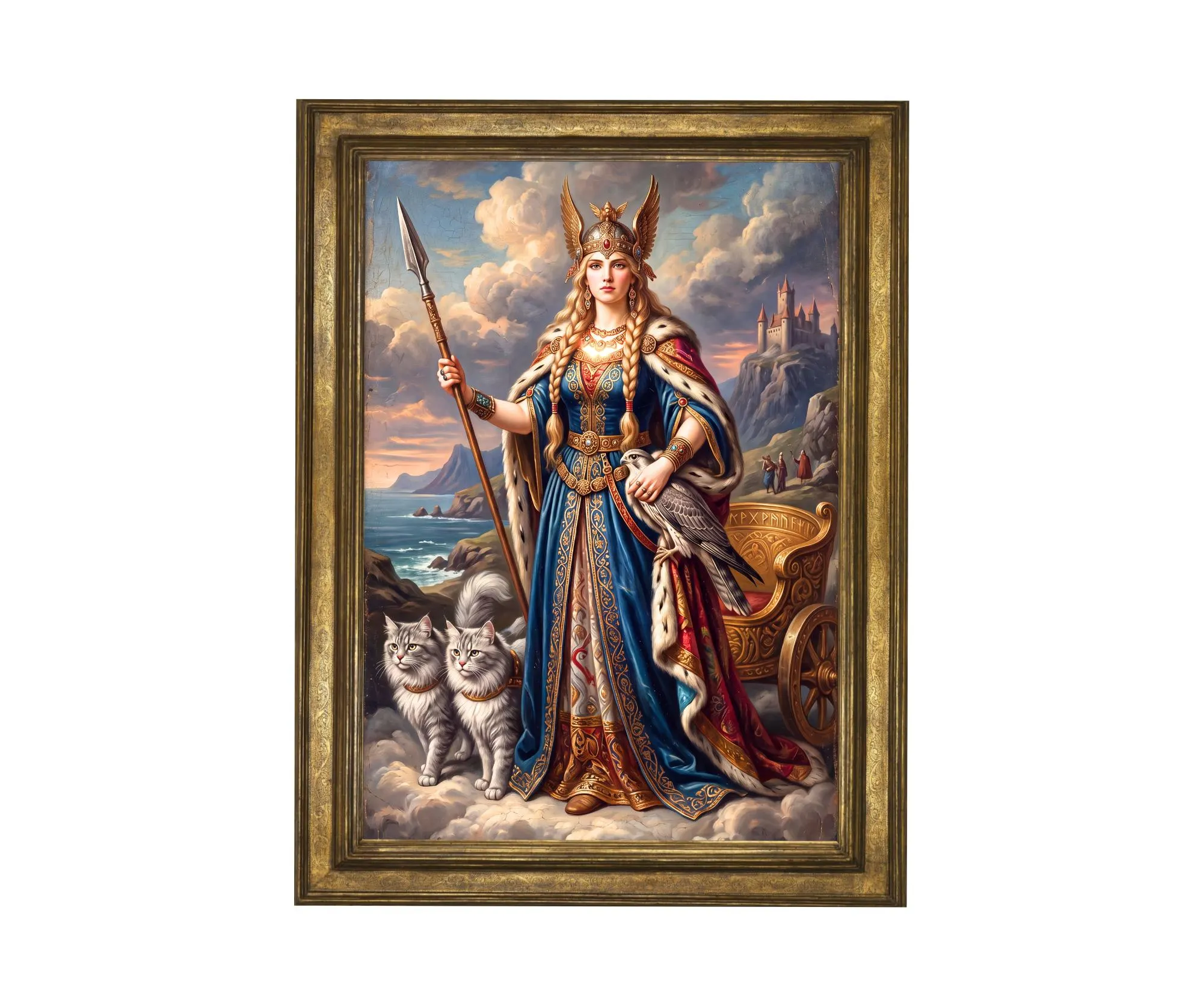 Göttin Freya Kunstdruck Celeste de la Cruz | Nordische Mythologie Wandbild Katzen Falke Wikinger Gemälde Fantasy Deko Geschenk | 0910202620