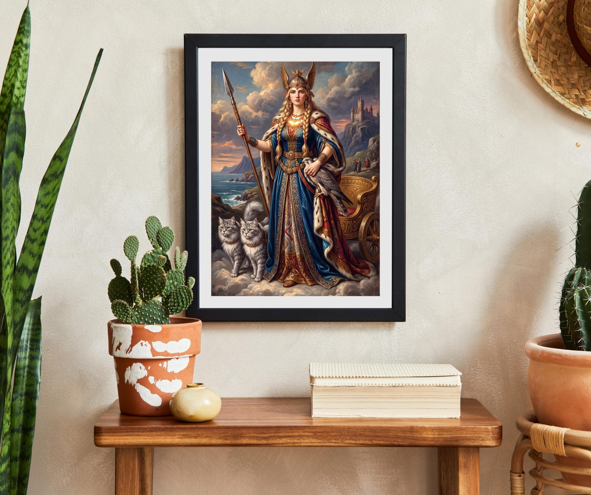 Göttin Freya Kunstdruck Celeste de la Cruz | Nordische Mythologie Wandbild Katzen Falke Wikinger Gemälde Fantasy Deko Geschenk | 0910202620 - image 4