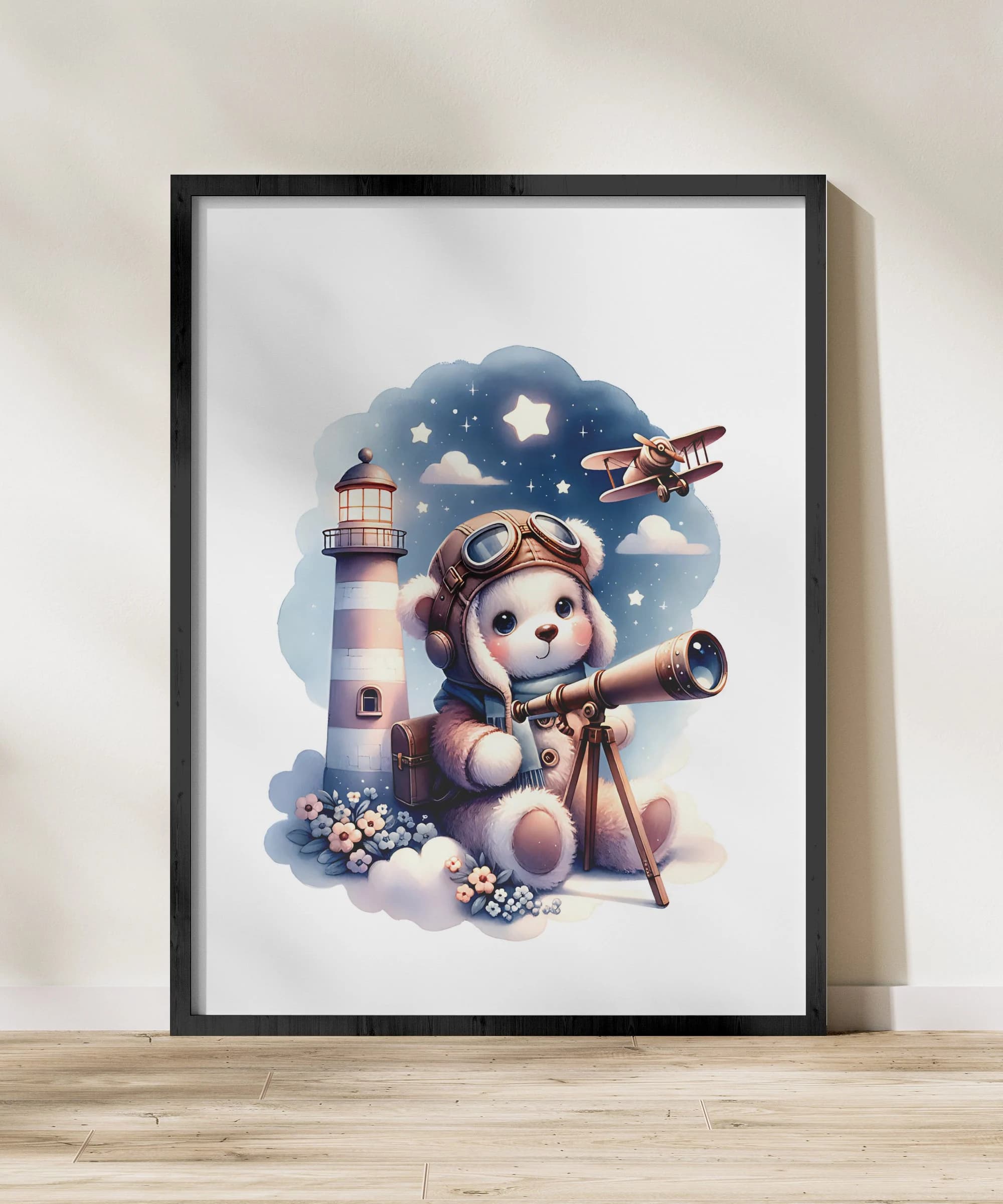 Teddy Bear Pilot Print, Dreamy Nursery Decor (Digital Download)