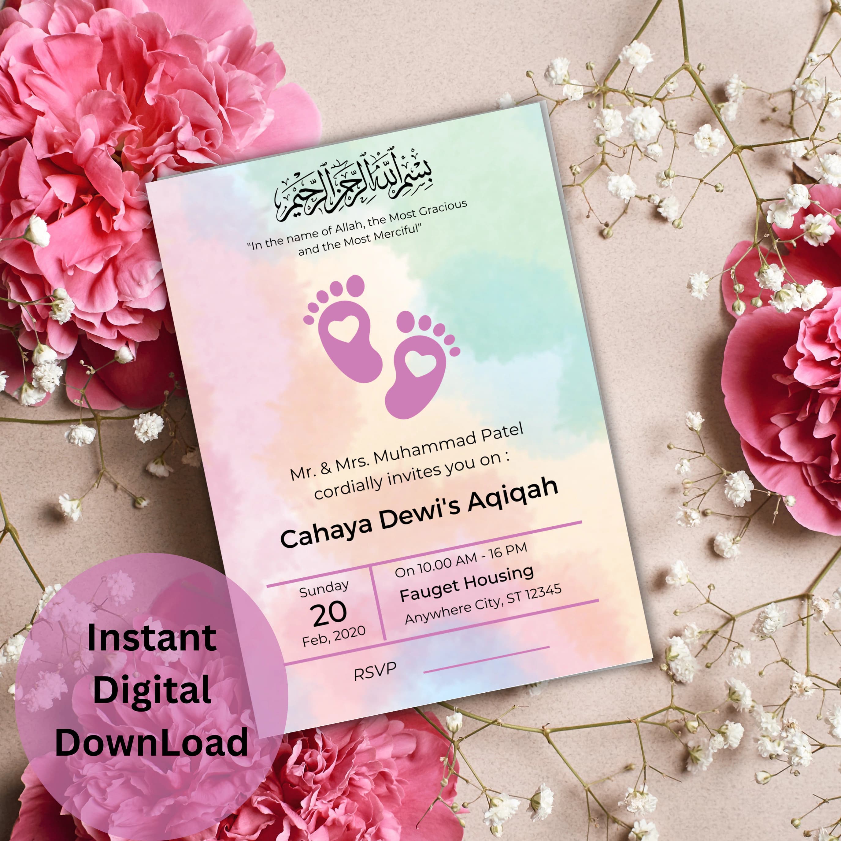 Personalized Aqeeqah Invitation, Islamic Birth Announcement (Digital Download)