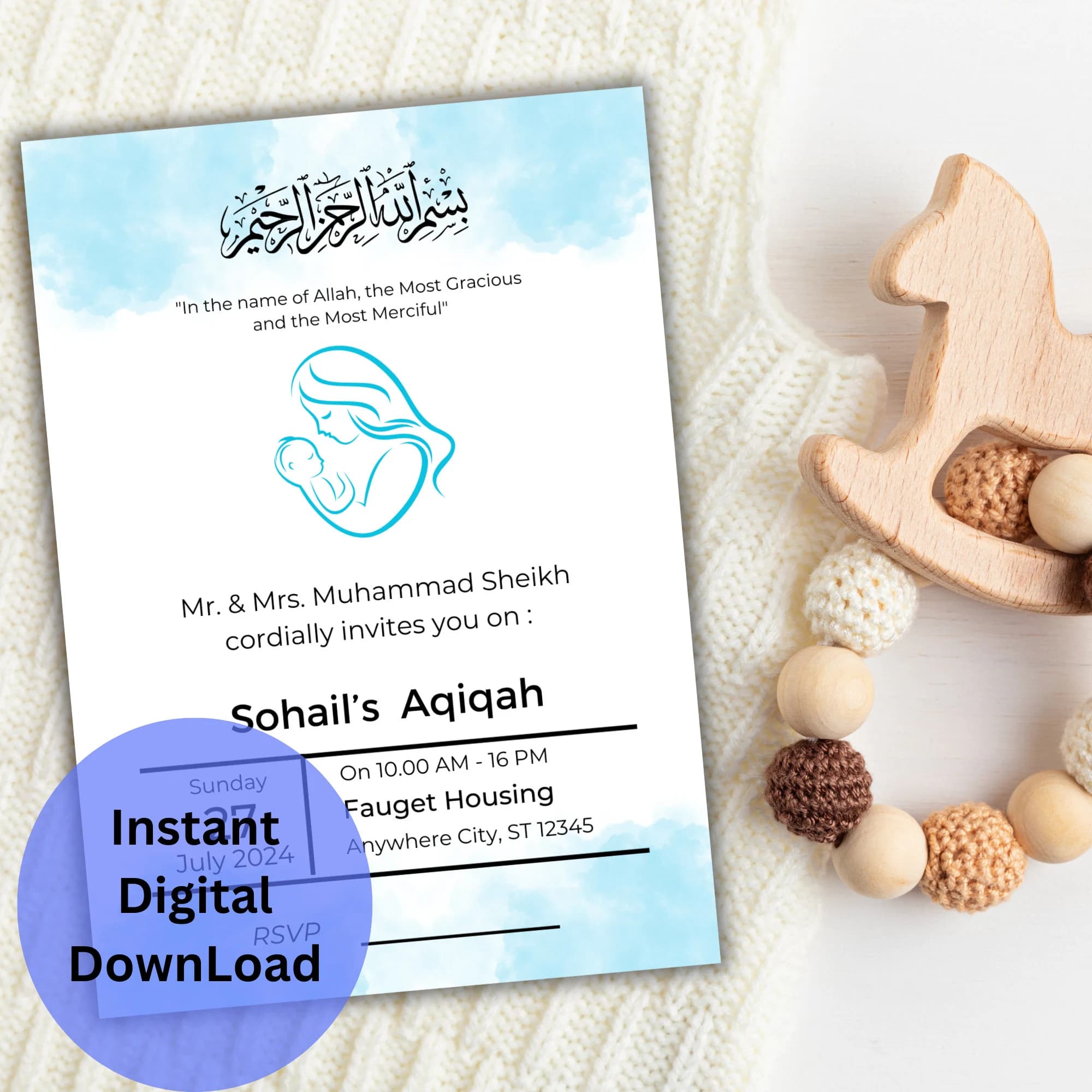 Personalized Aqeeqah Invitation, Islamic Birth Announcement (Digital Download)