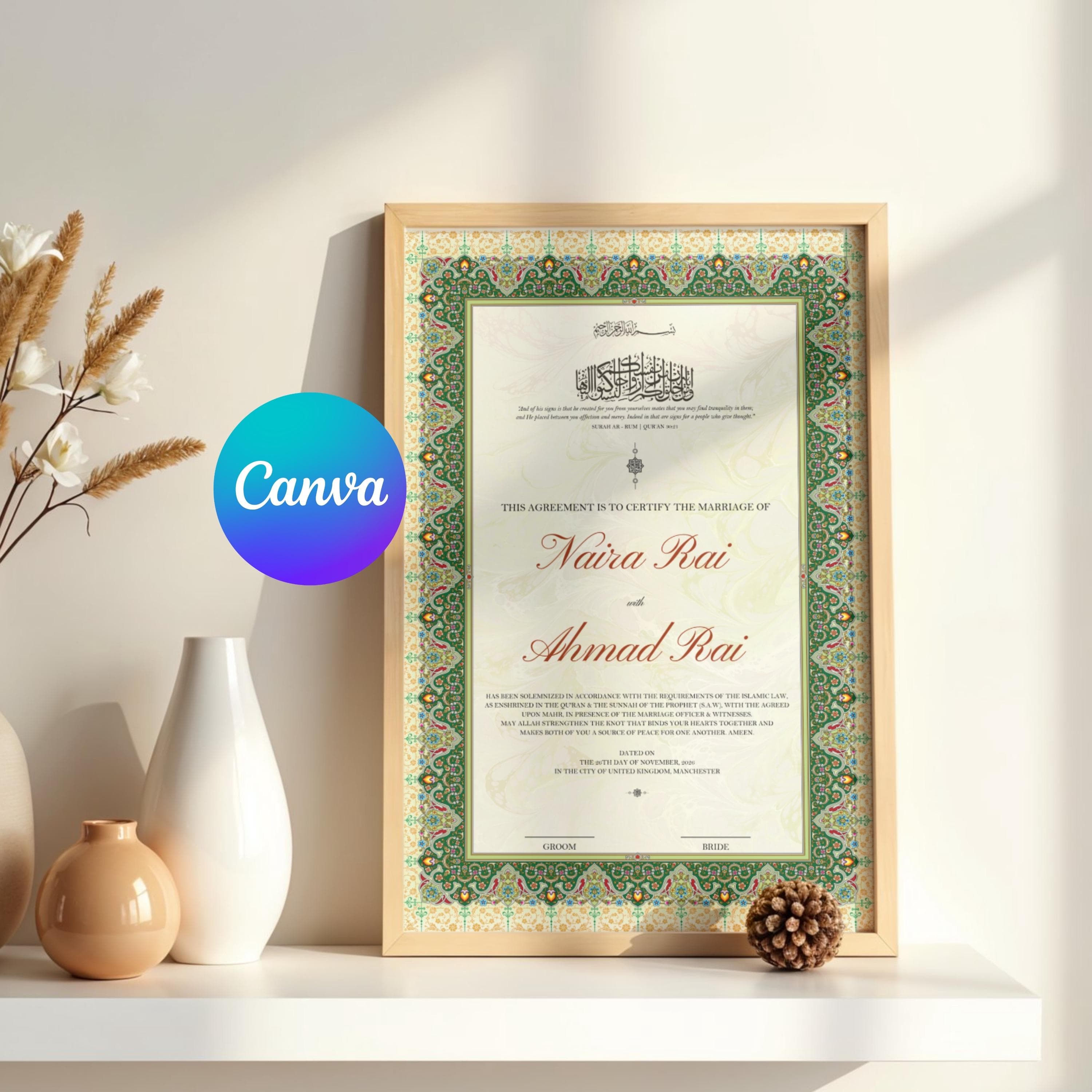 Nikkah Contract Template A4 A3 | Editable Nikkah Wedding Sign Canva | Minimalist Nikkah Contract | Muslim Nikah Nama, Digital Download