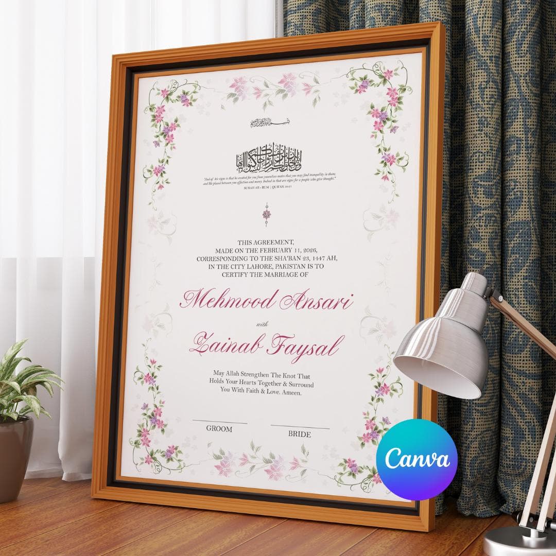 Nikkah Contract Template, Editable Nikkahnama, Islamic Marriage Certificate, Muslim Wedding Certificate,  Instant Digital Download