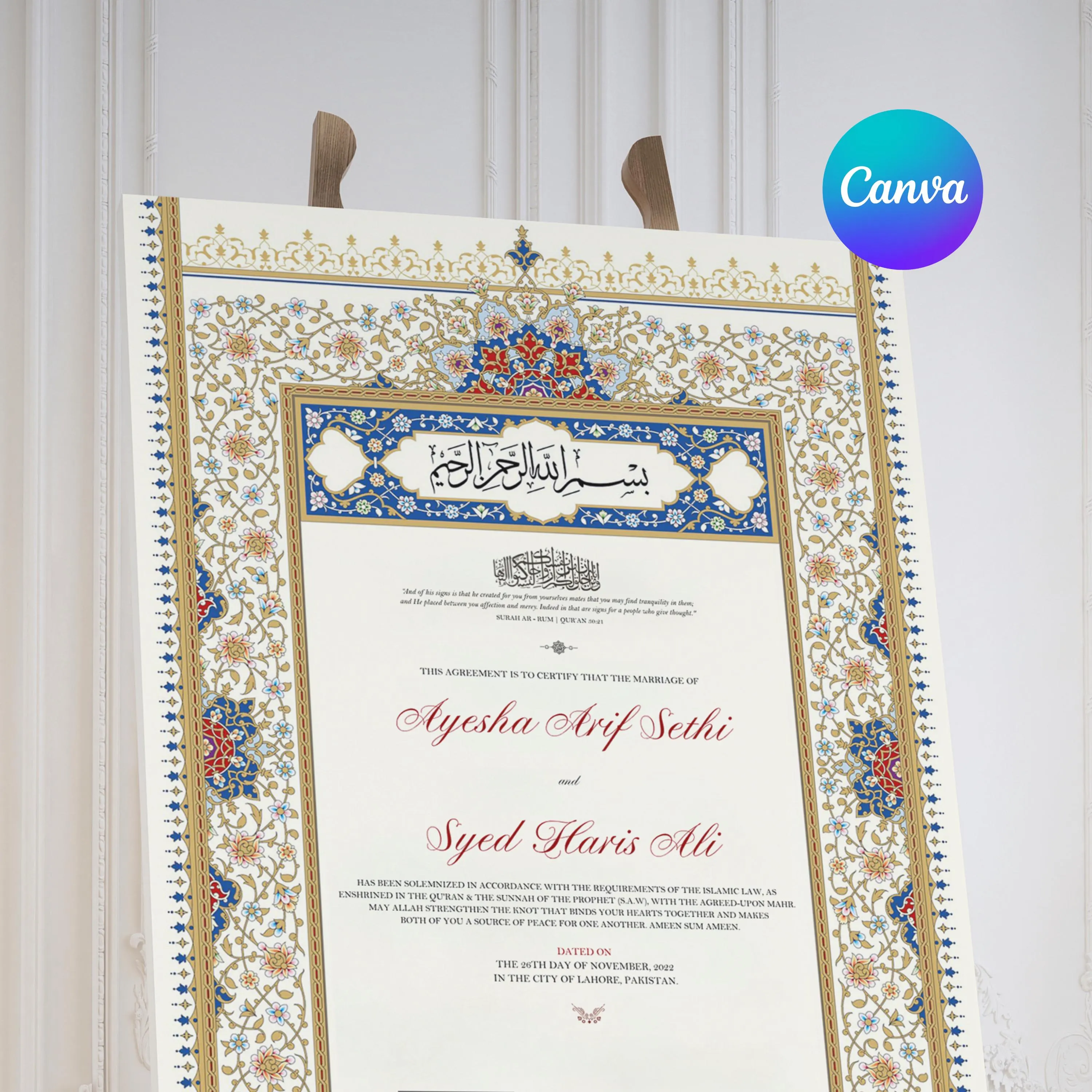 Nikkah Certificate Template A3 | Persian Islamic Marriage Contract Canva | Editable Muslim Nikah Nama | Blue Gold Wedding Certificate - image 4