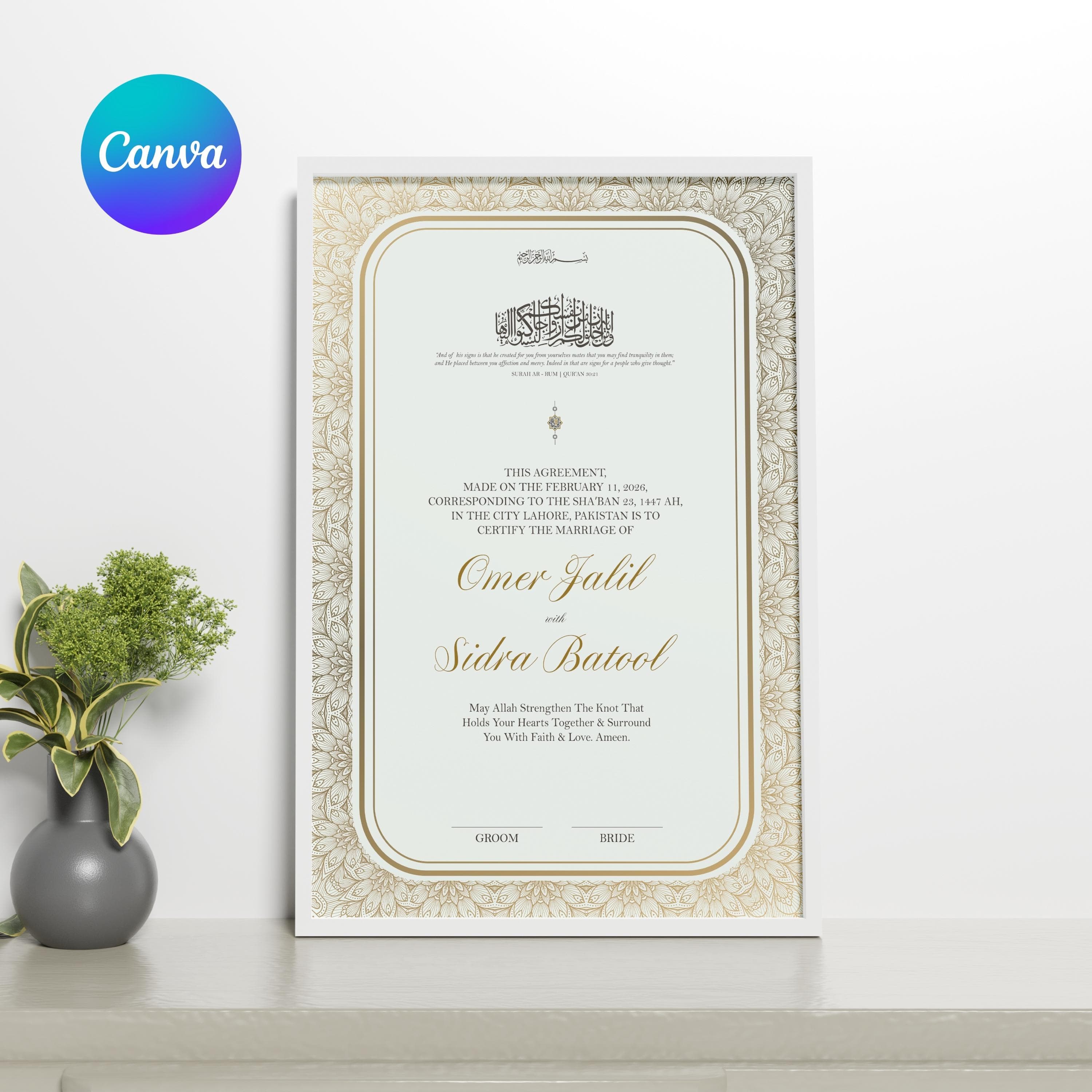 Nikkah Certificate Template A4 A3 | Minimal Islamic Marriage Contract Canva | Editable Muslim Nikah Nama | Gold Wedding Certificate