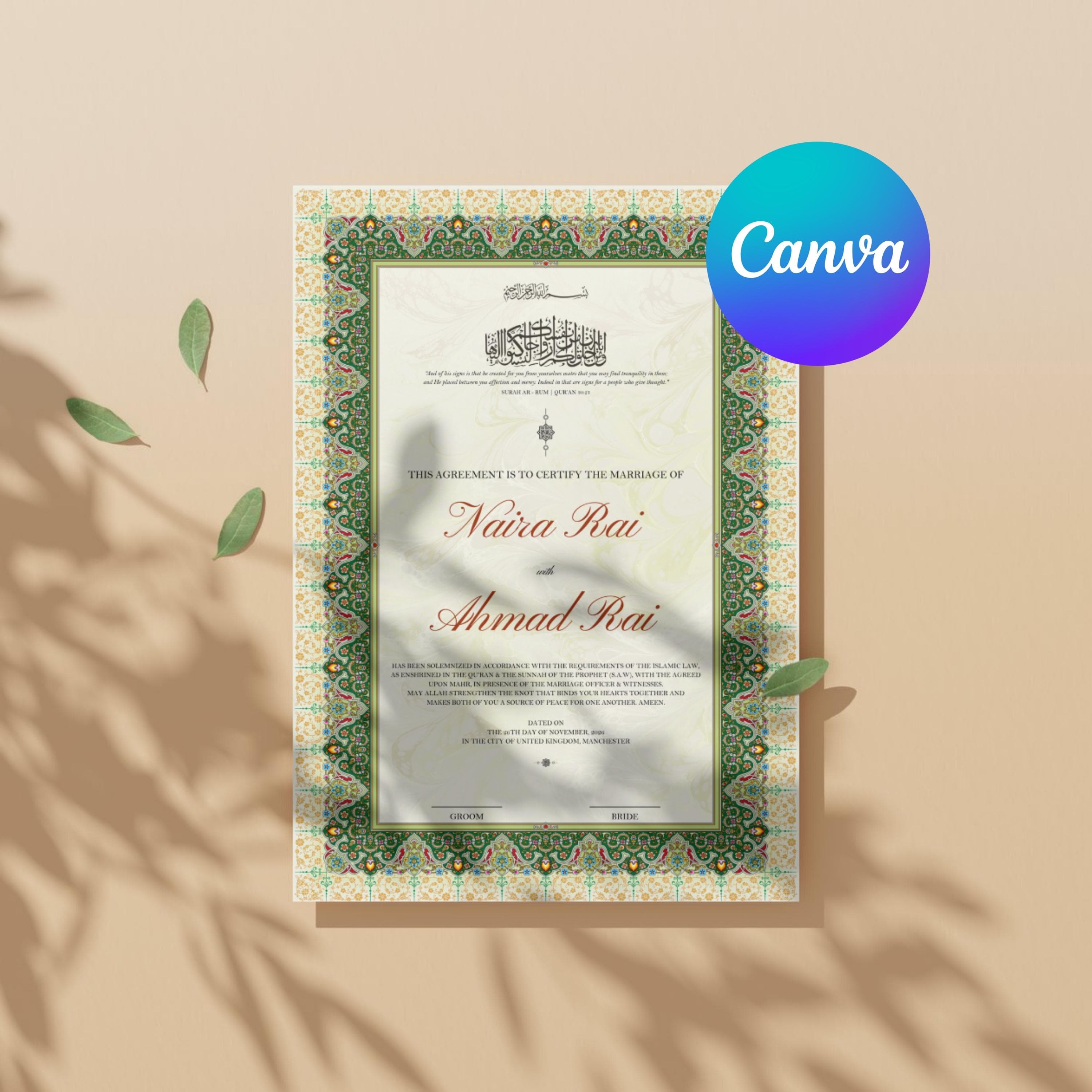 Nikkah Contract Template A4 A3 | Editable Nikkah Wedding Sign Canva | Minimalist Nikkah Contract | Muslim Nikah Nama, Digital Download - image 4