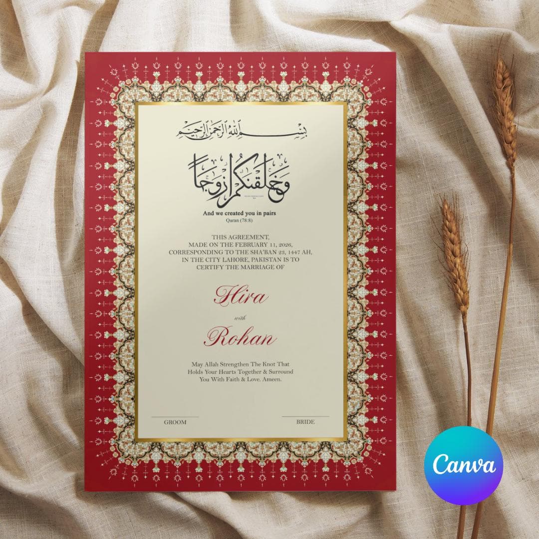 Nikah Invitation Template | Editable Muslim Wedding Card | Islamic Nikah Invite Canva