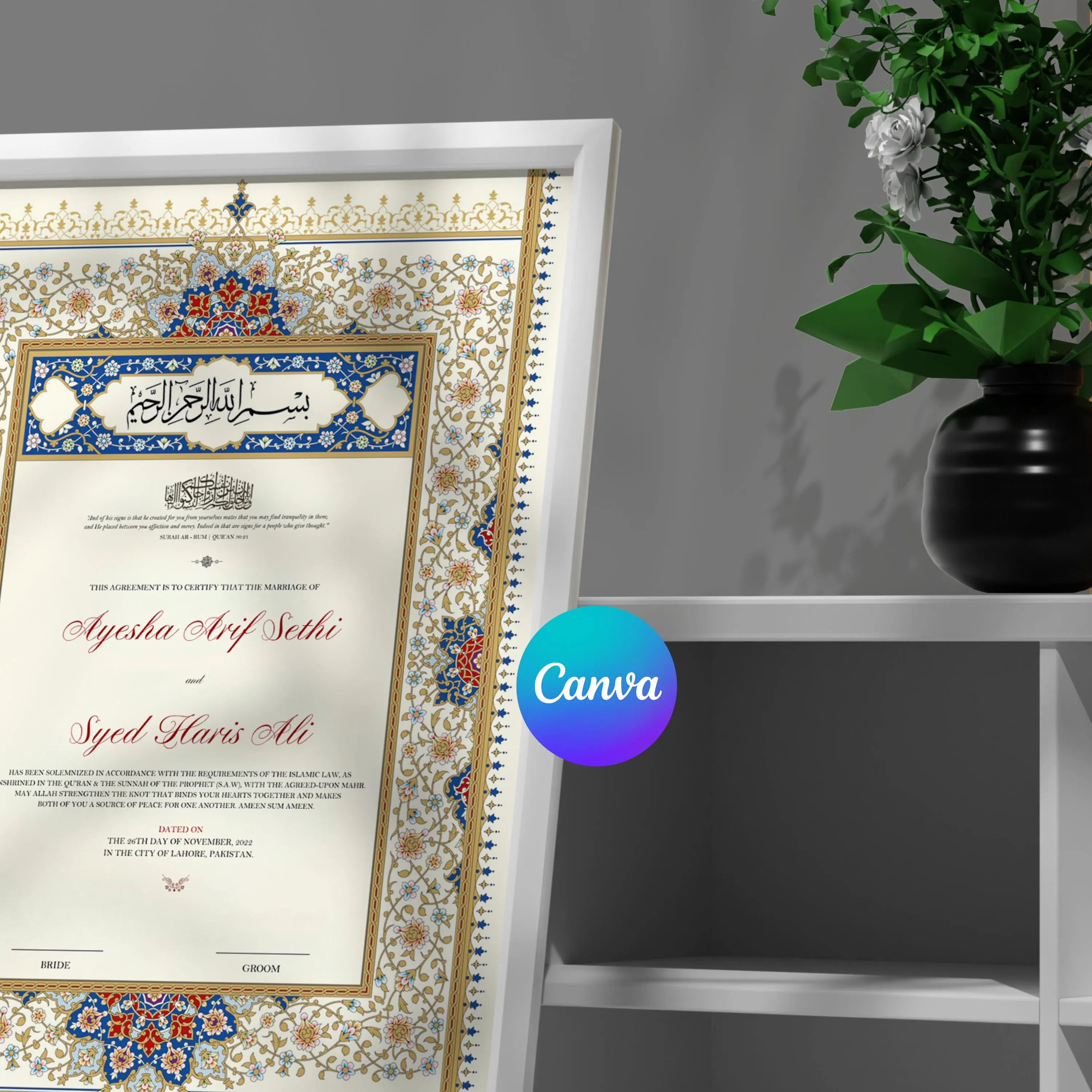 Nikkah Certificate Template A3 | Persian Islamic Marriage Contract Canva | Editable Muslim Nikah Nama | Blue Gold Wedding Certificate - image 5