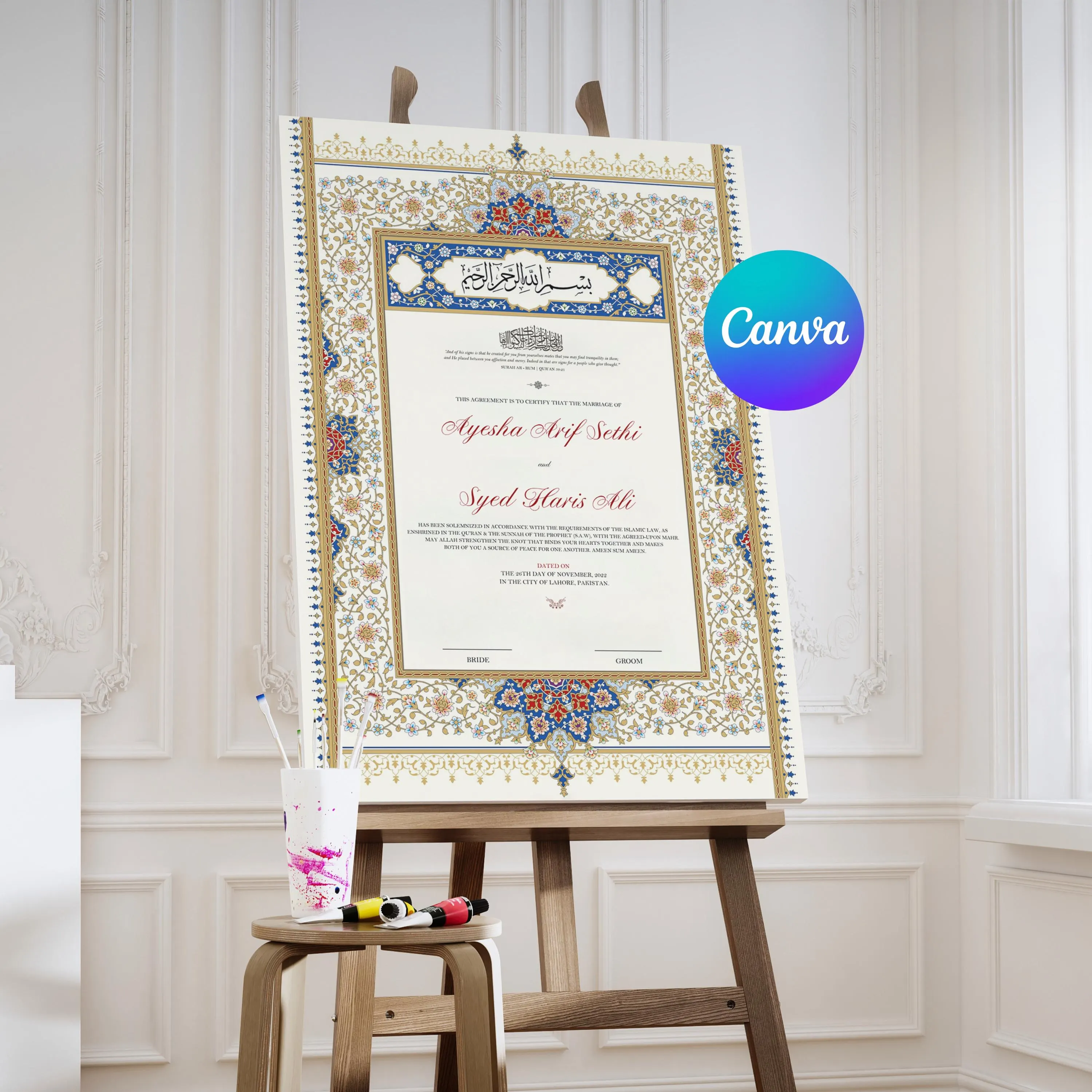 Nikkah Certificate Template A3 | Persian Islamic Marriage Contract Canva | Editable Muslim Nikah Nama | Blue Gold Wedding Certificate - image 3