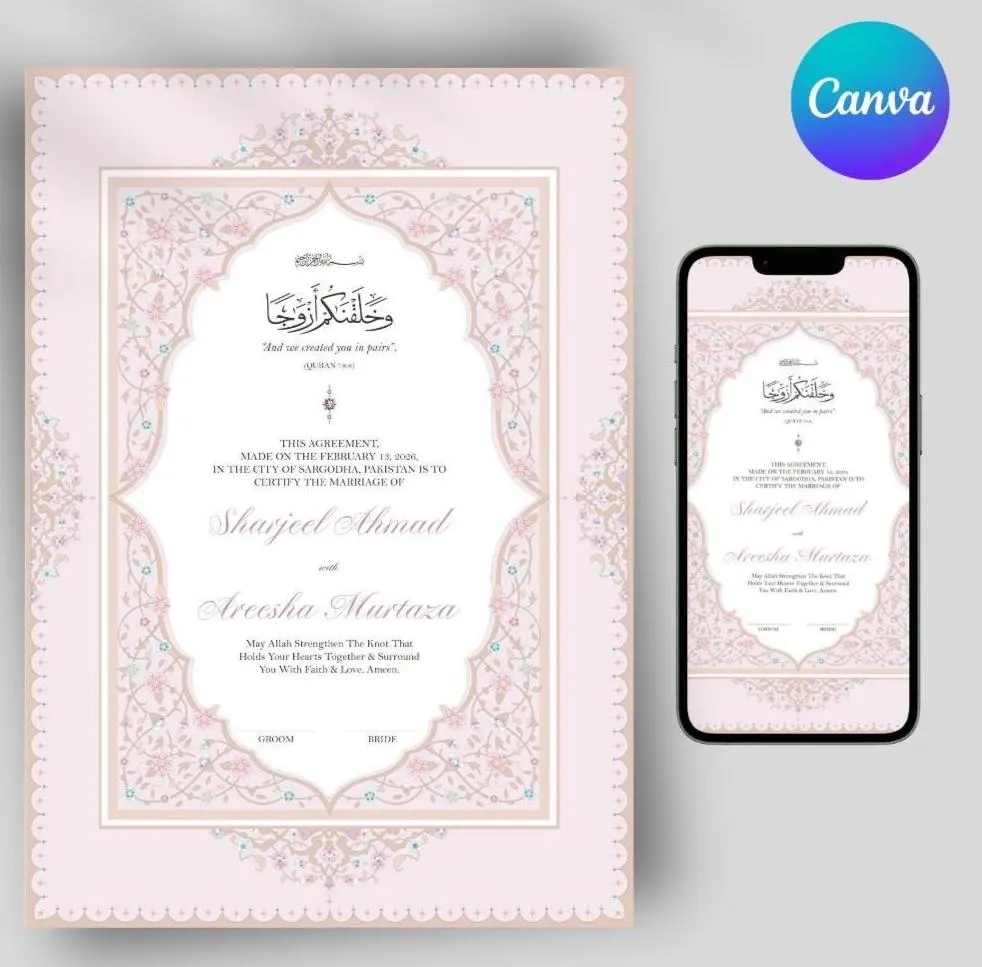 Muslim Wedding Invitation Canva Template, Pakistani Floral Nikkah Card (Digital Download)