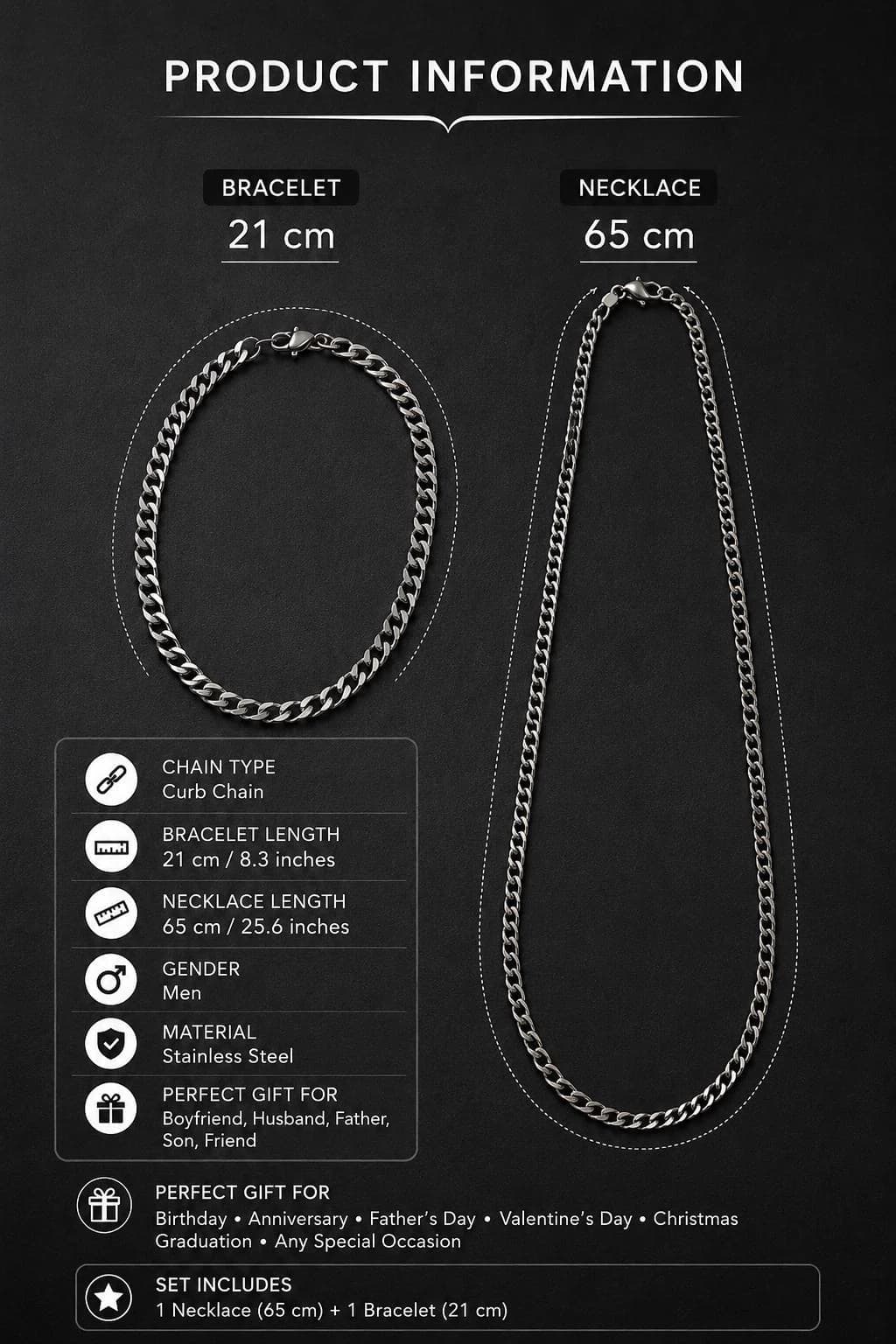 Men’s Stainless Steel Chain Set, Curb Chain Necklace and Bracelet, Silver Chain Jewelry Gift for Him - image 4