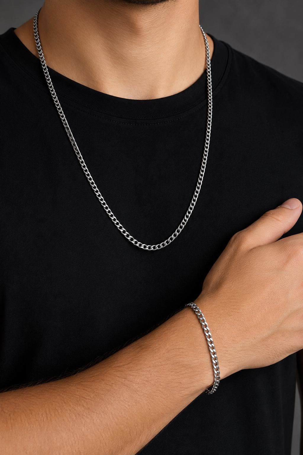 Men’s Stainless Steel Chain Set, Curb Chain Necklace and Bracelet, Silver Chain Jewelry Gift for Him