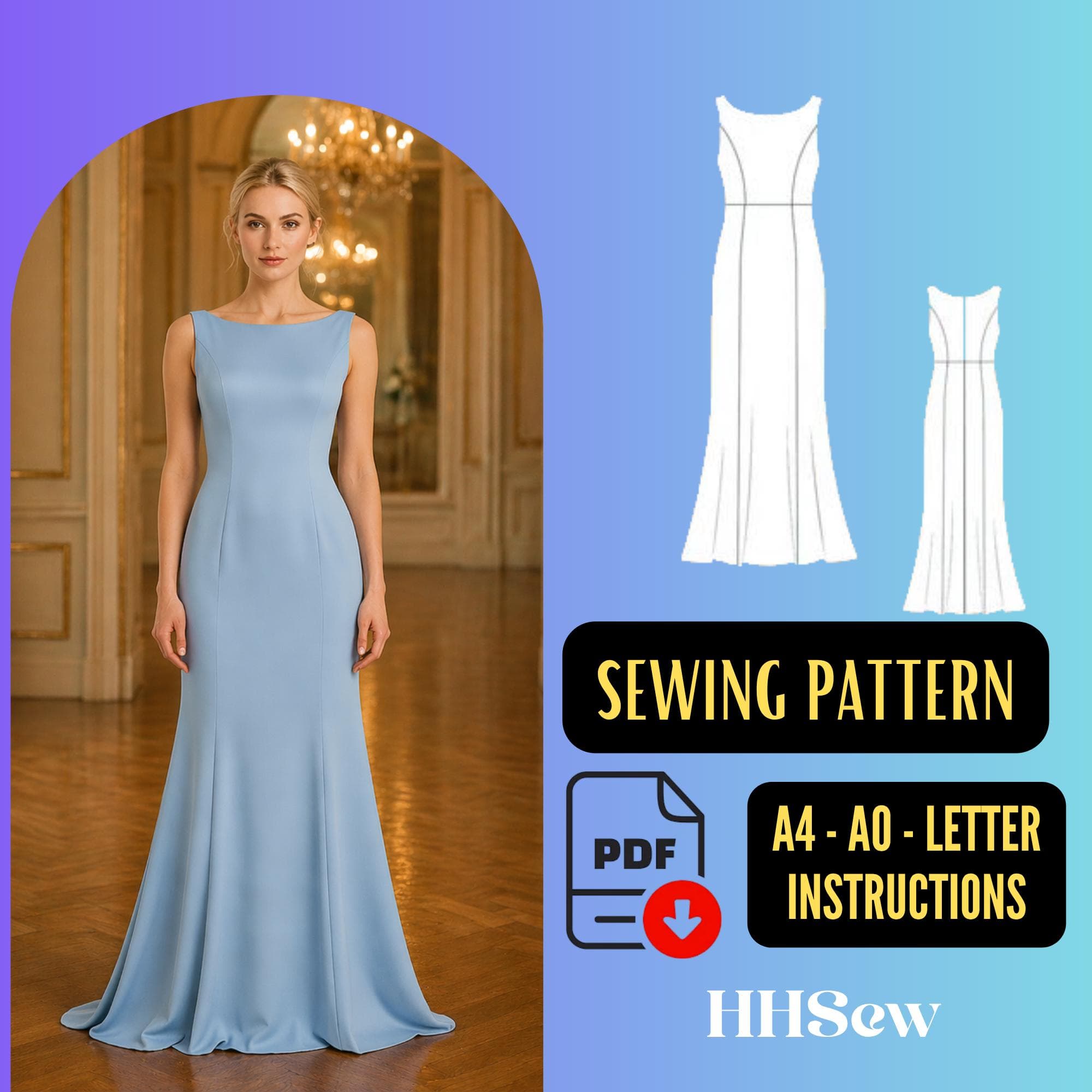 Boat Neck Mermaid Sewing Pattern PDF, Long Evening Gown, Prom Formal XS-5XL
