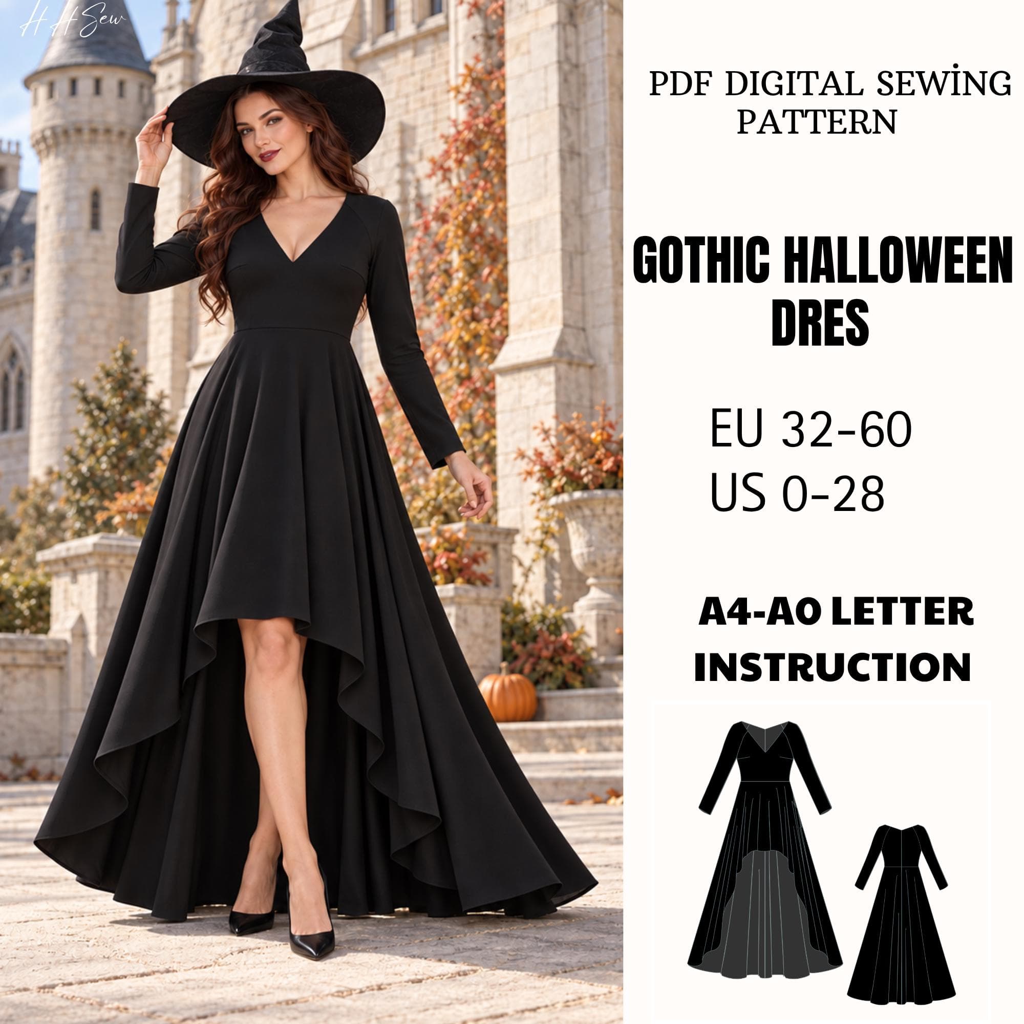 Gothic Witch Dress Sewing Pattern PDF Halloween Costume High Low V Neck Long Sleeve