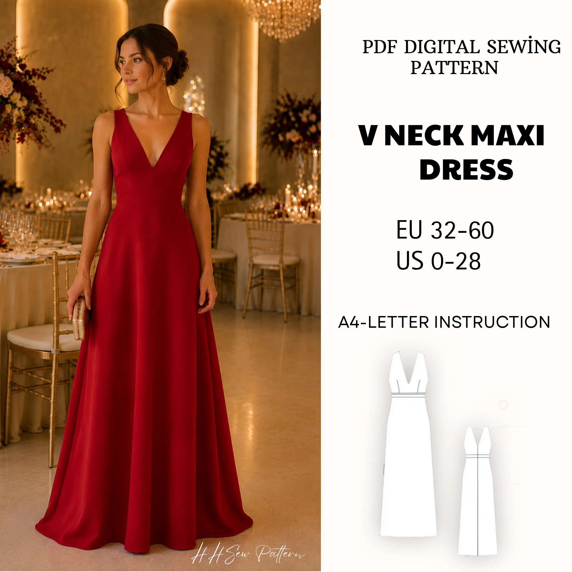 V Neck Maxi Dress Sewing Pattern PDF Elegant Evening Gown