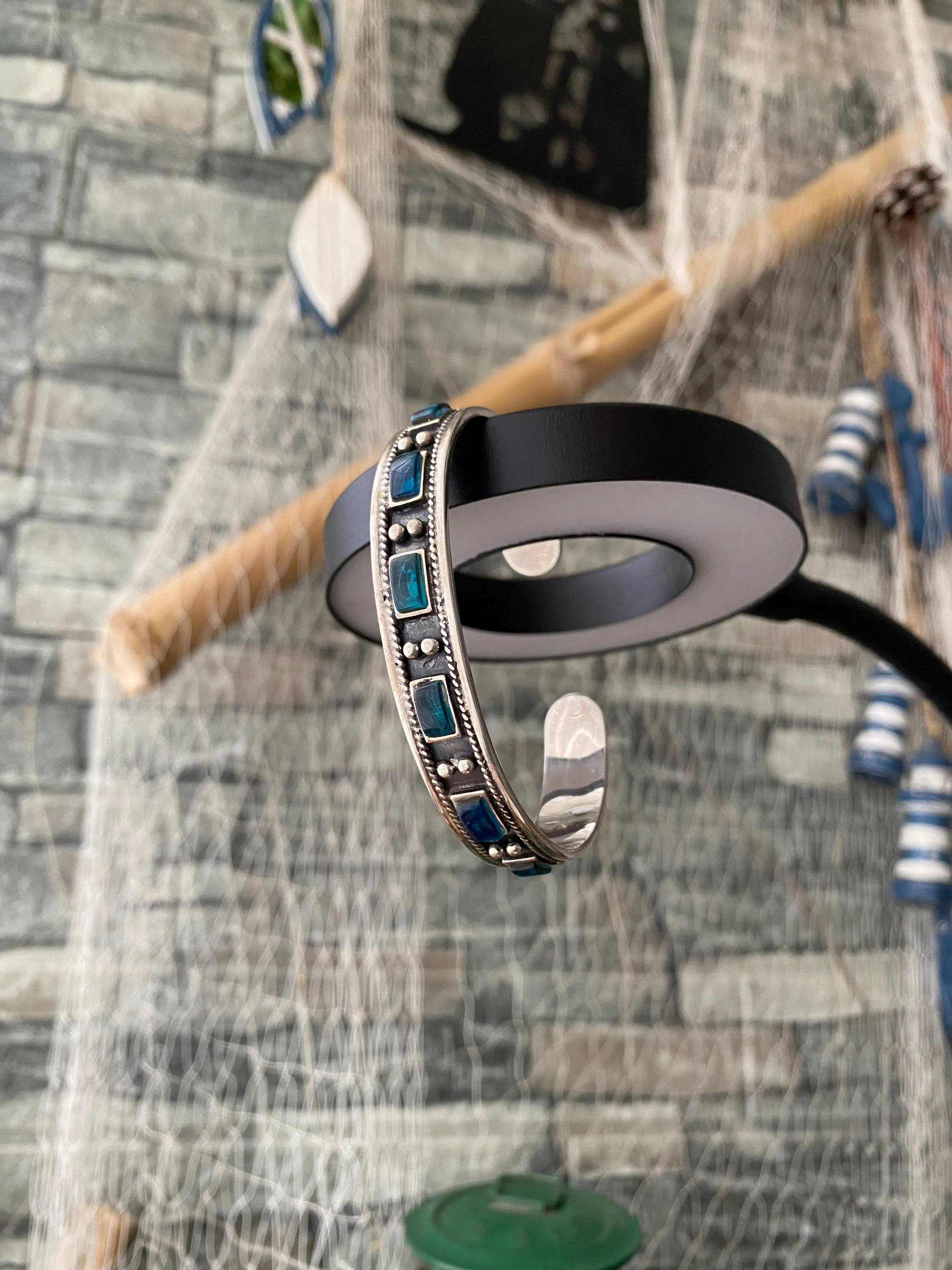 Sterling Silver Blue Enamel Cuff Bracelet, Personalized Oxidized Vintage Artisan Unisex Bangle - image 5