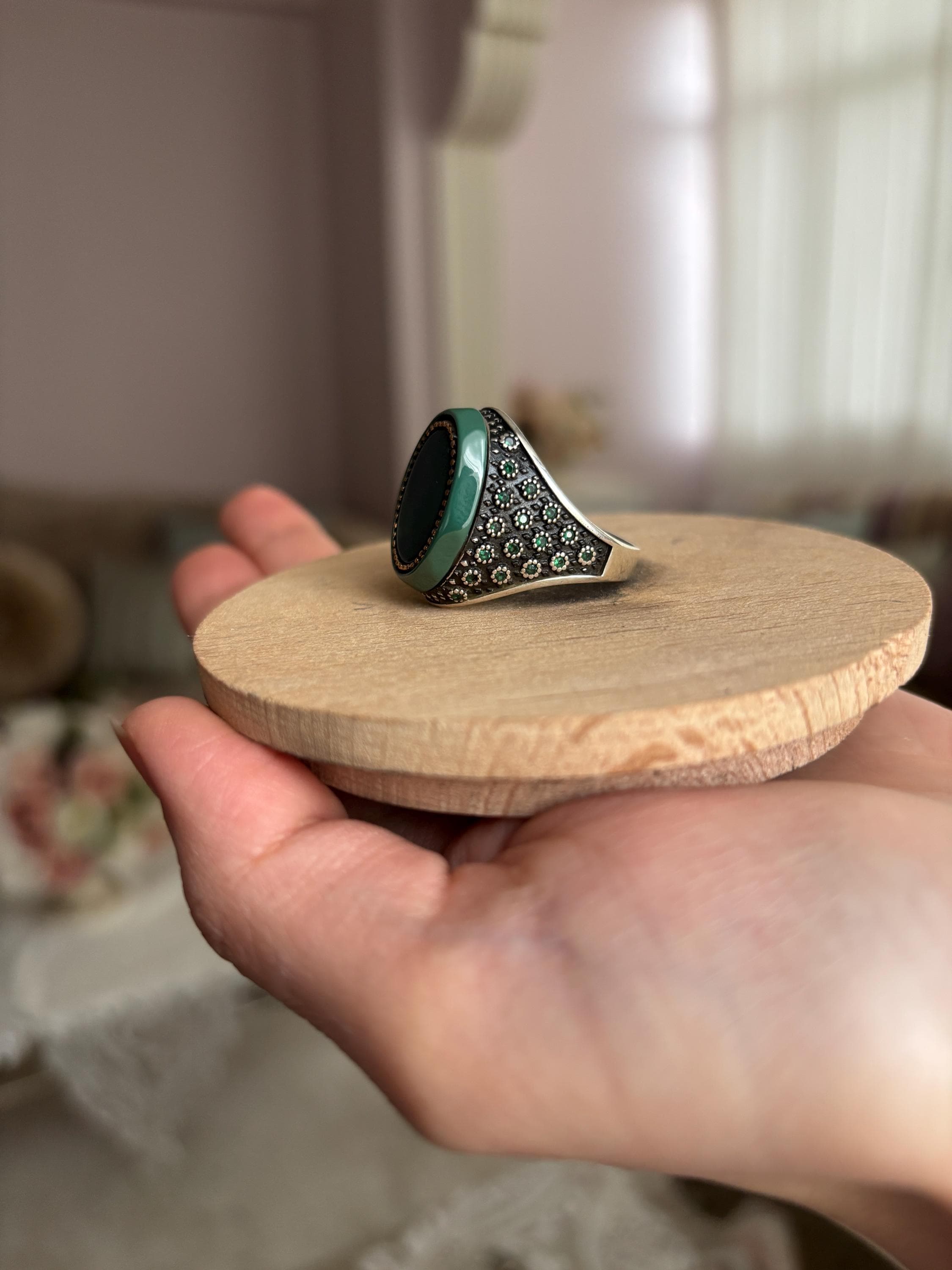 Sterling Silver Green Agate Ring, Vintage Signet Rings, Oval Stone Statement Ring, Handmade Bold Men’s Jewelry - image 4