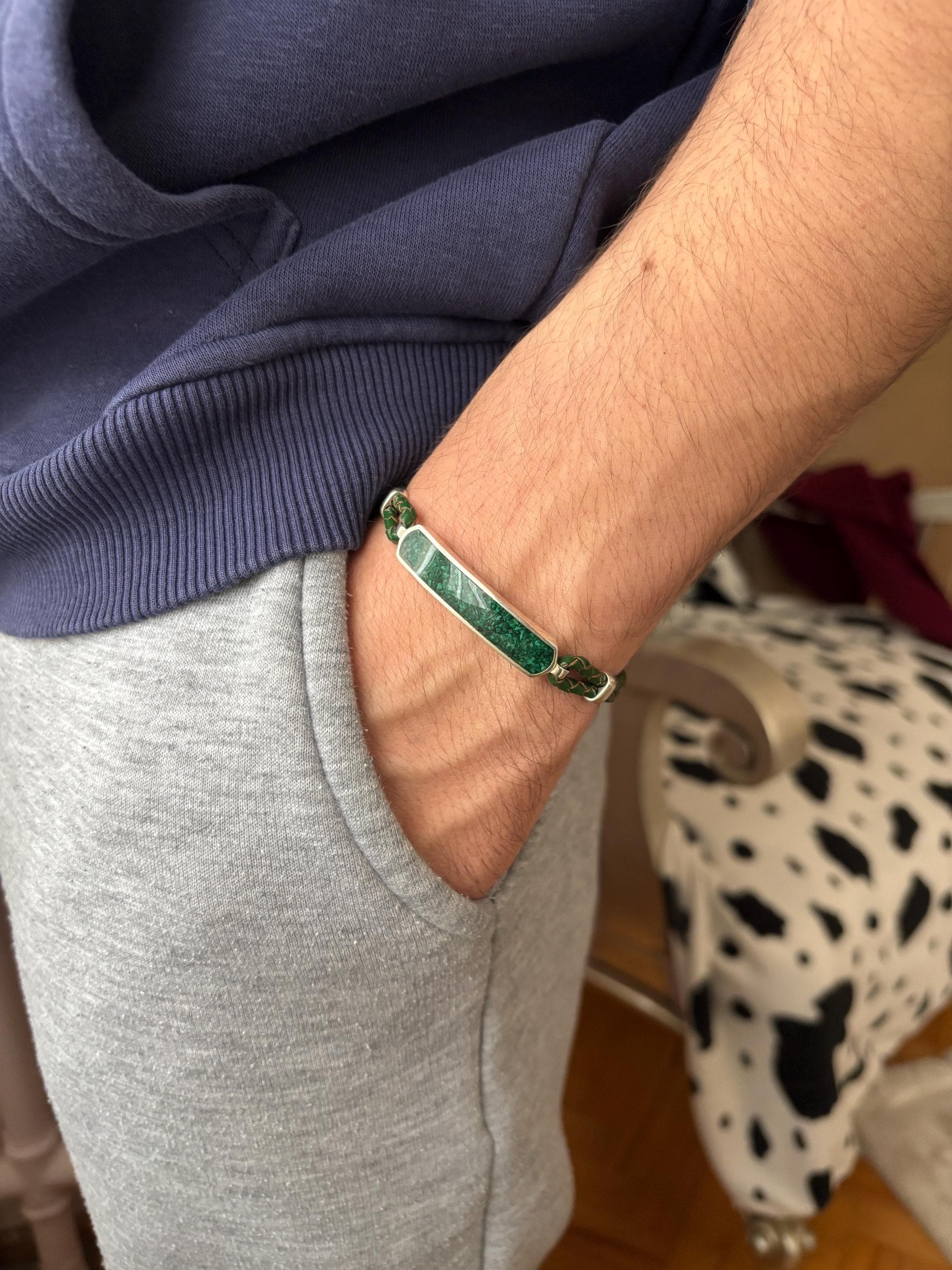 Personalized Malachite Bar Bracelet, Sterling Silver Leather Cord Bracelet for Men, Minimal Unisex Design