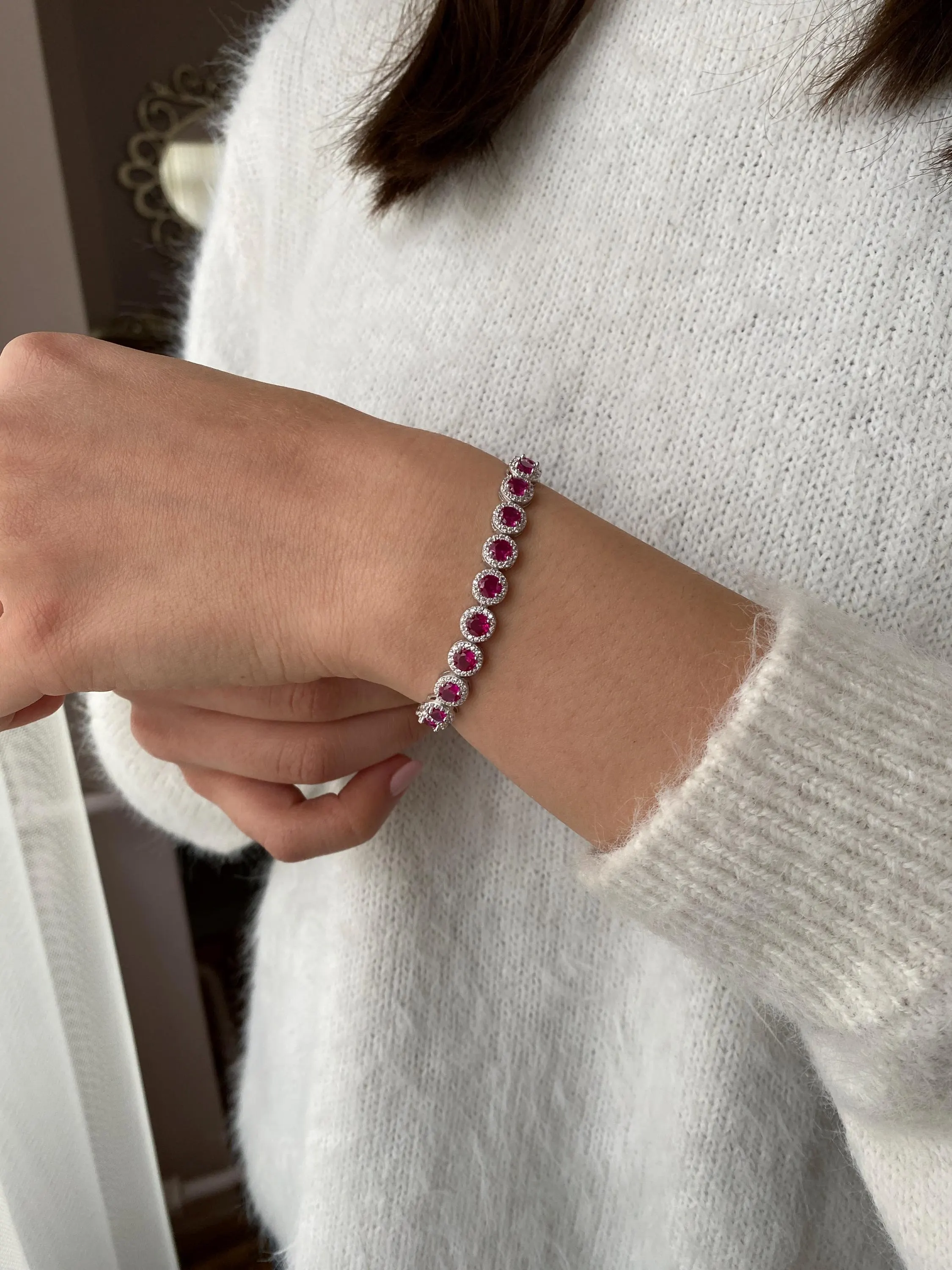 Sterling Silver Pink CZ Tennis Bracelet, Personalized Round Halo Design, Handmade Jewelry for Women - image 4