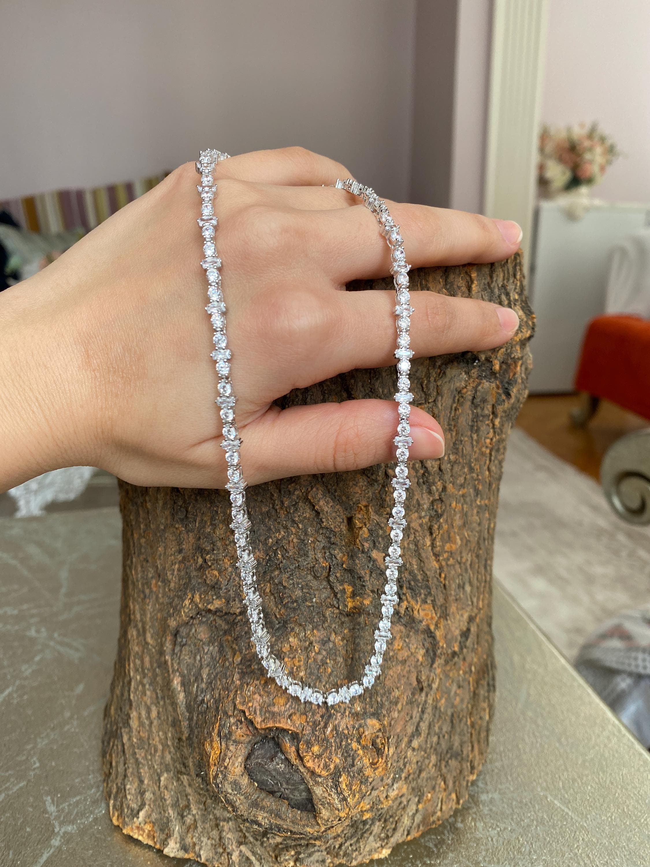 Sterling Silver Tennis Choker, Baguette & Round CZ Stones, Minimal Elegant Short Necklace, Dainty Layering Jewelry - image 2